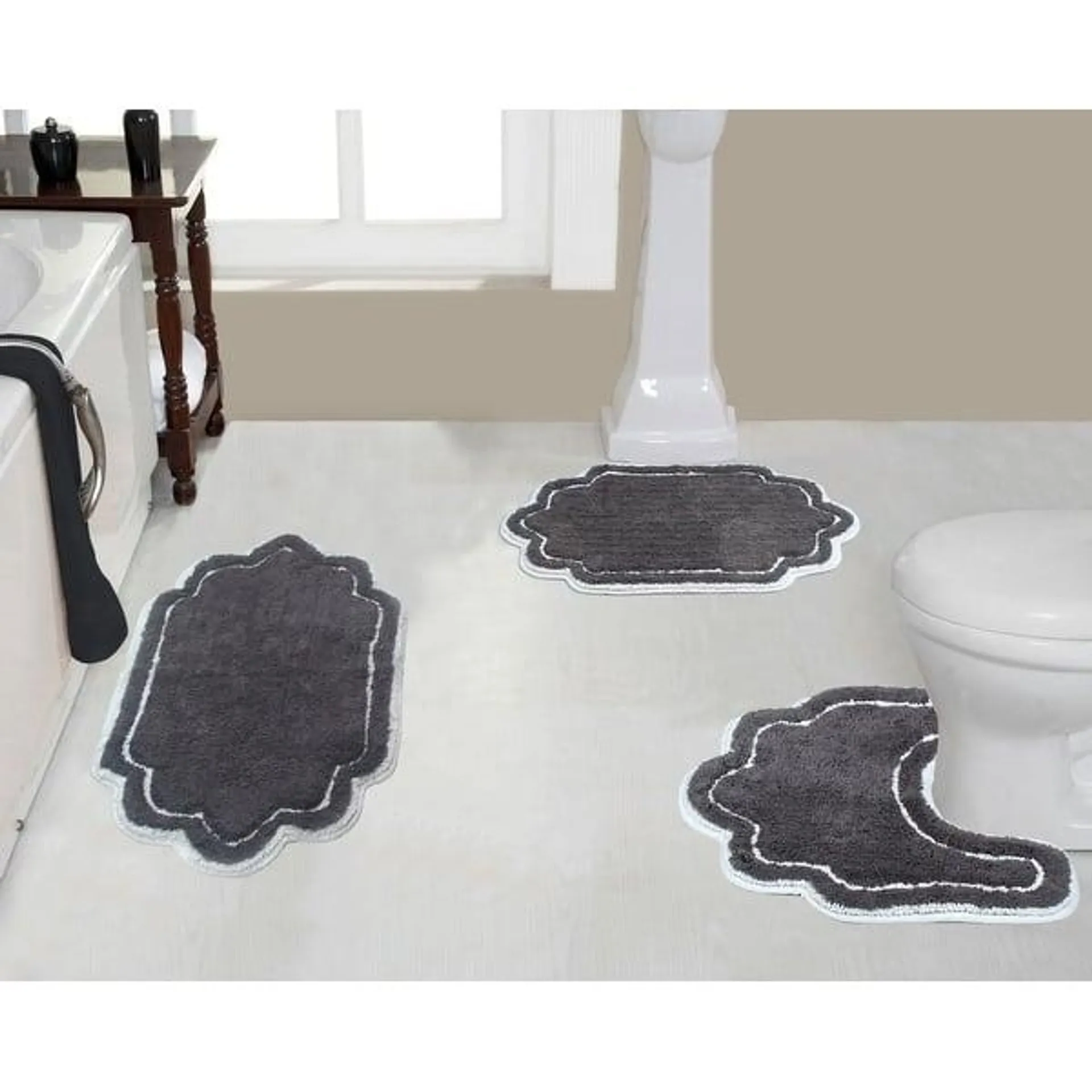 Allure Collection 100% Cotton Non-Slip Bathroom Rug Set, 3 Piece Machine Washable- Bathroom Rug, Bath Rug, U Shaped Contour