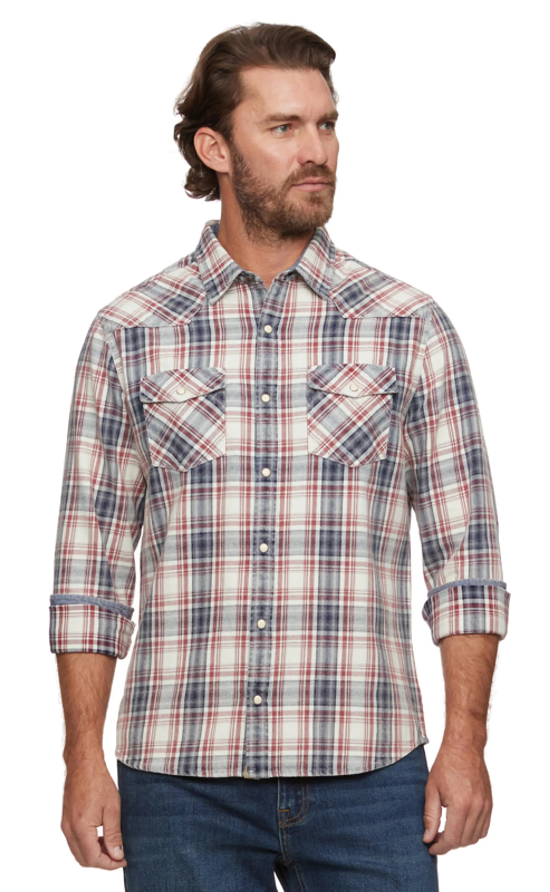 Threadgrit Men's Gordon Vintage Washed Shirt - White/Red/Blue