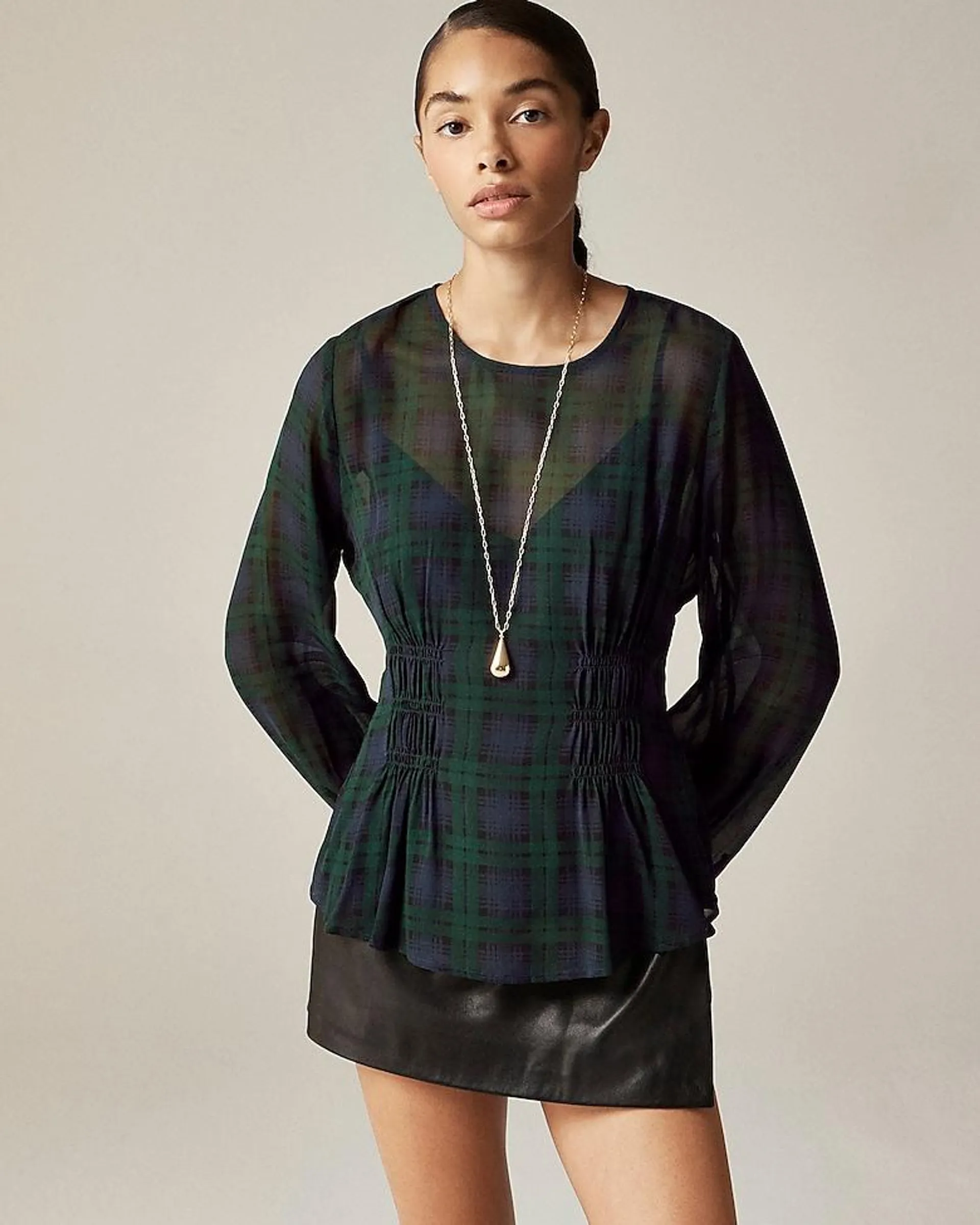 Chiffon shirred-waist top in Black Watch tartan