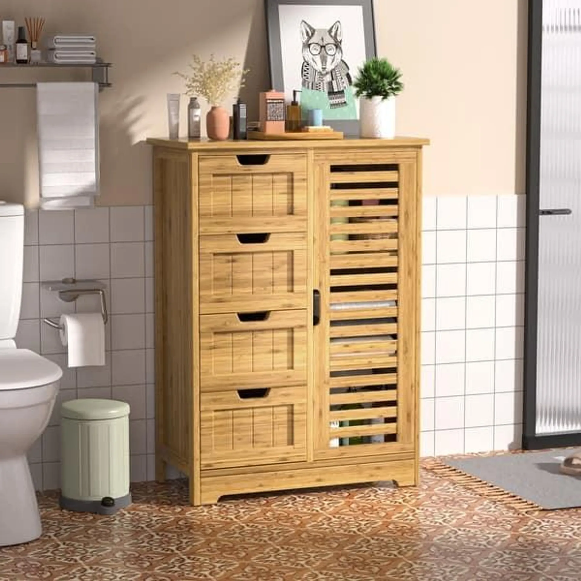 VEIKOUS Bathroom Floor Storage Cabinet with 4 Drawers, 1 Cupboard and 2 Adjustable Shelves