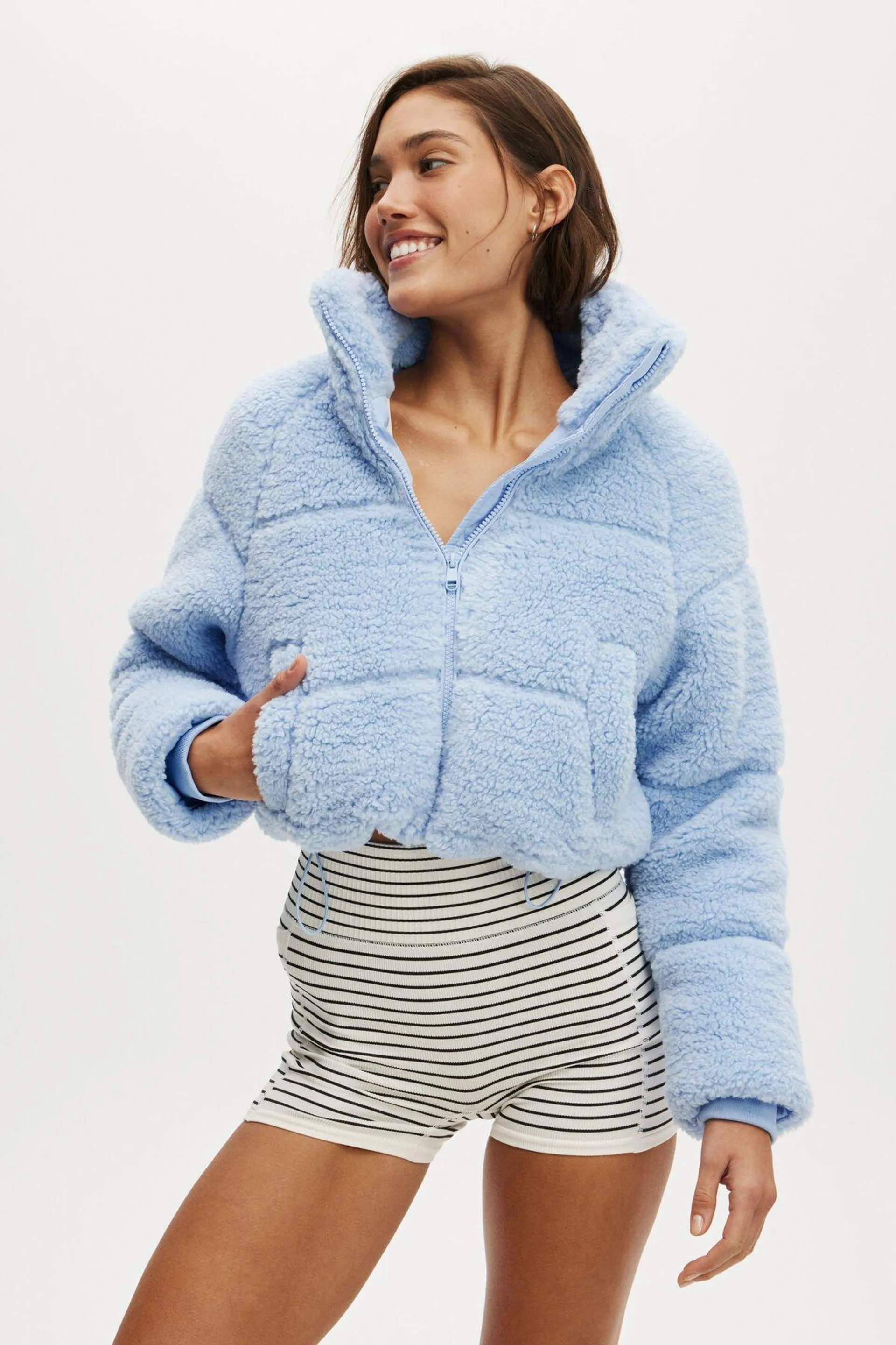 The Mother Puffer Cropped Sherpa Jacket