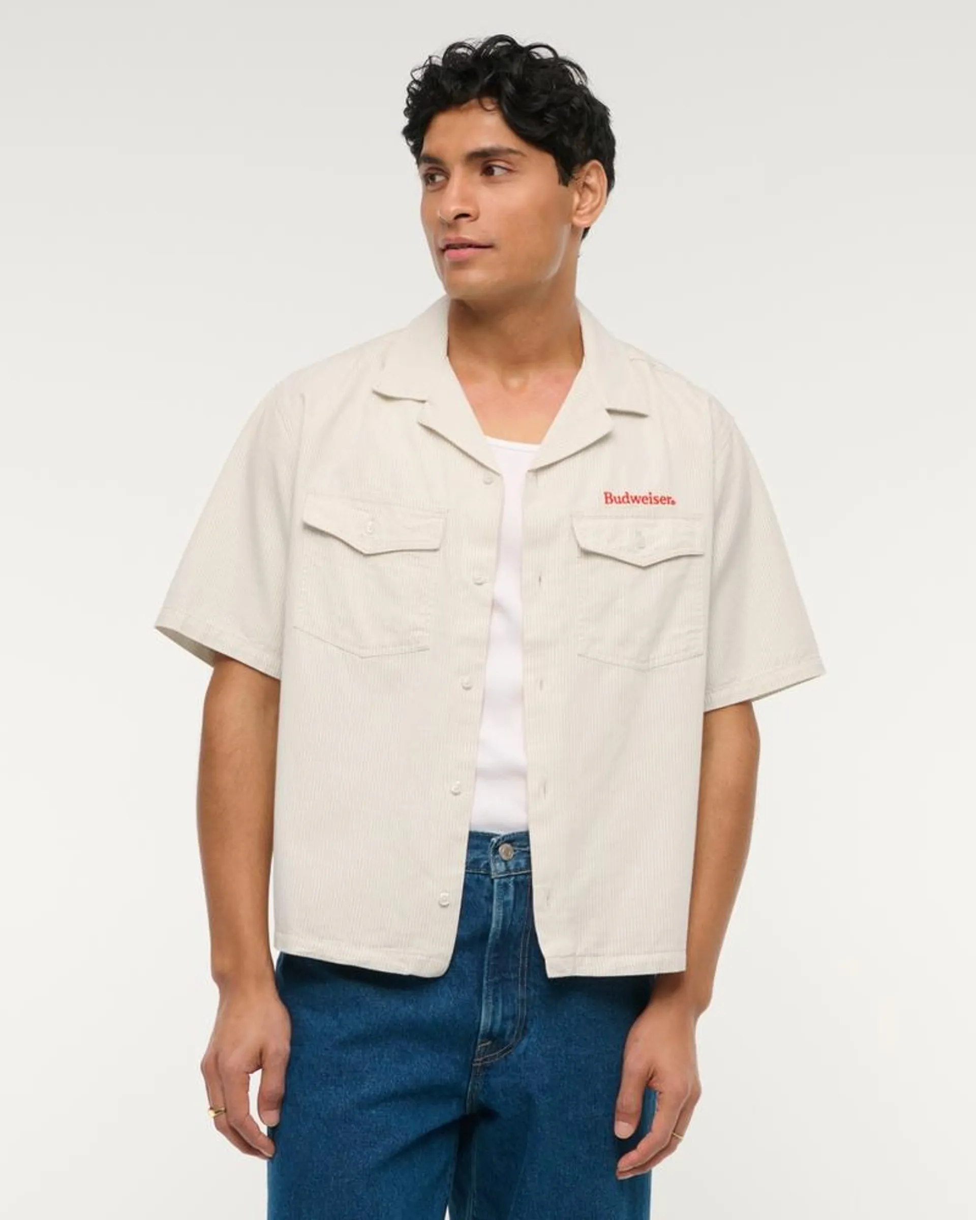 Short-Sleeve Cropped Budweiser Workwear Button-Up Shirt