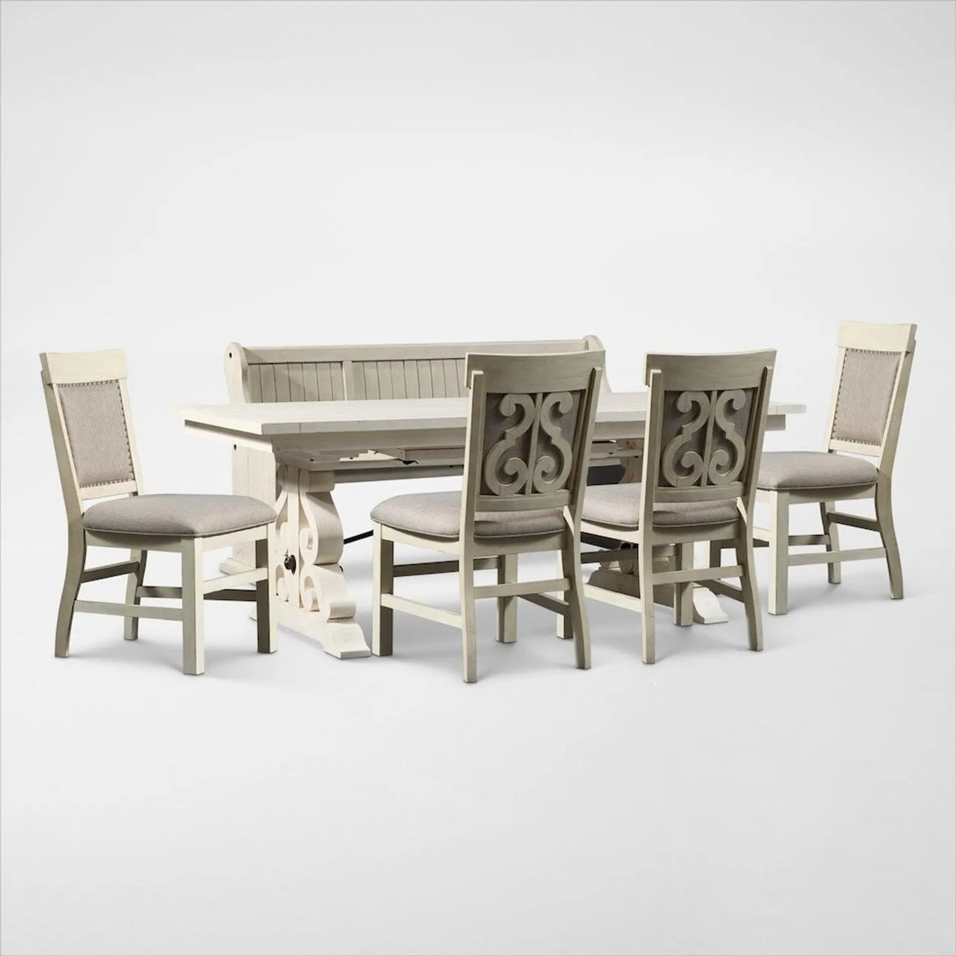 Charthouse Rectangular Extendable Dining Table, 4 Upholstered Side Chairs and Bench