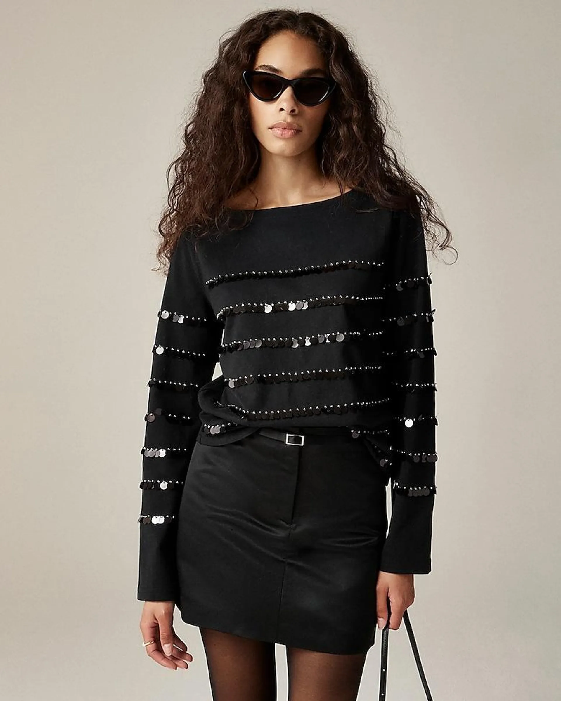 Heavy jersey long-sleeve T-shirt with paillette embellishment