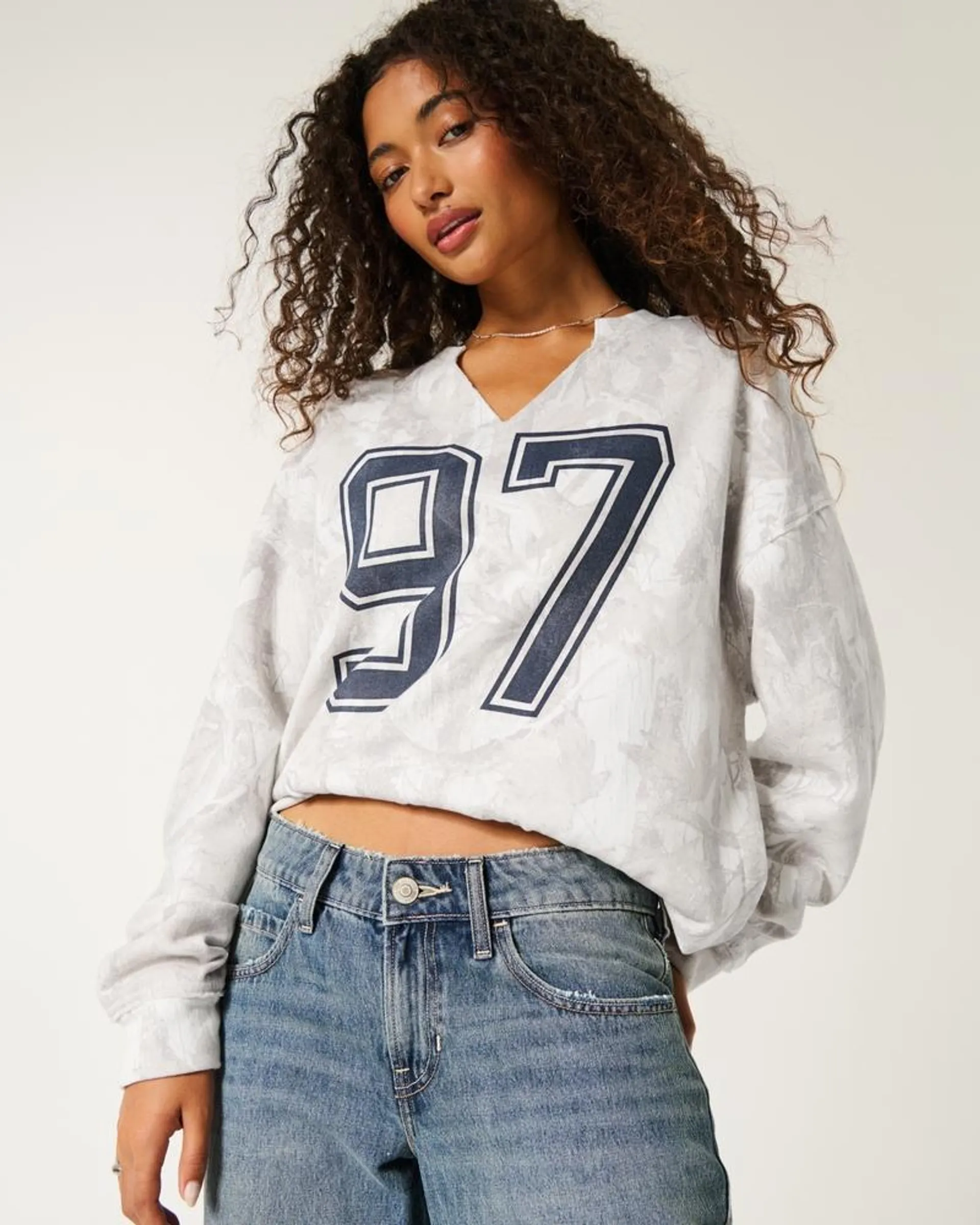 Oversized Camo Number Graphic Notch-Neck Sweatshirt