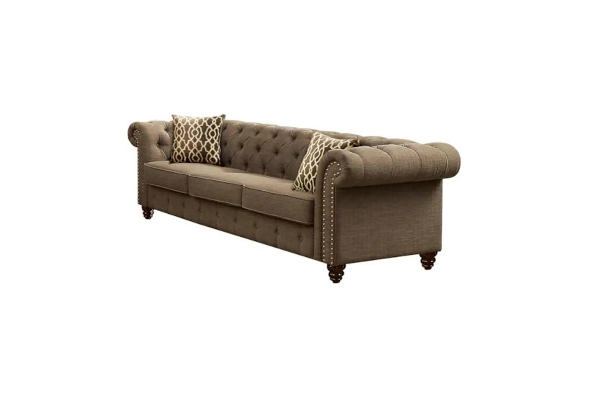 Aurelia Brown Fabric 90" Chesterfield Sofa With Nailheads