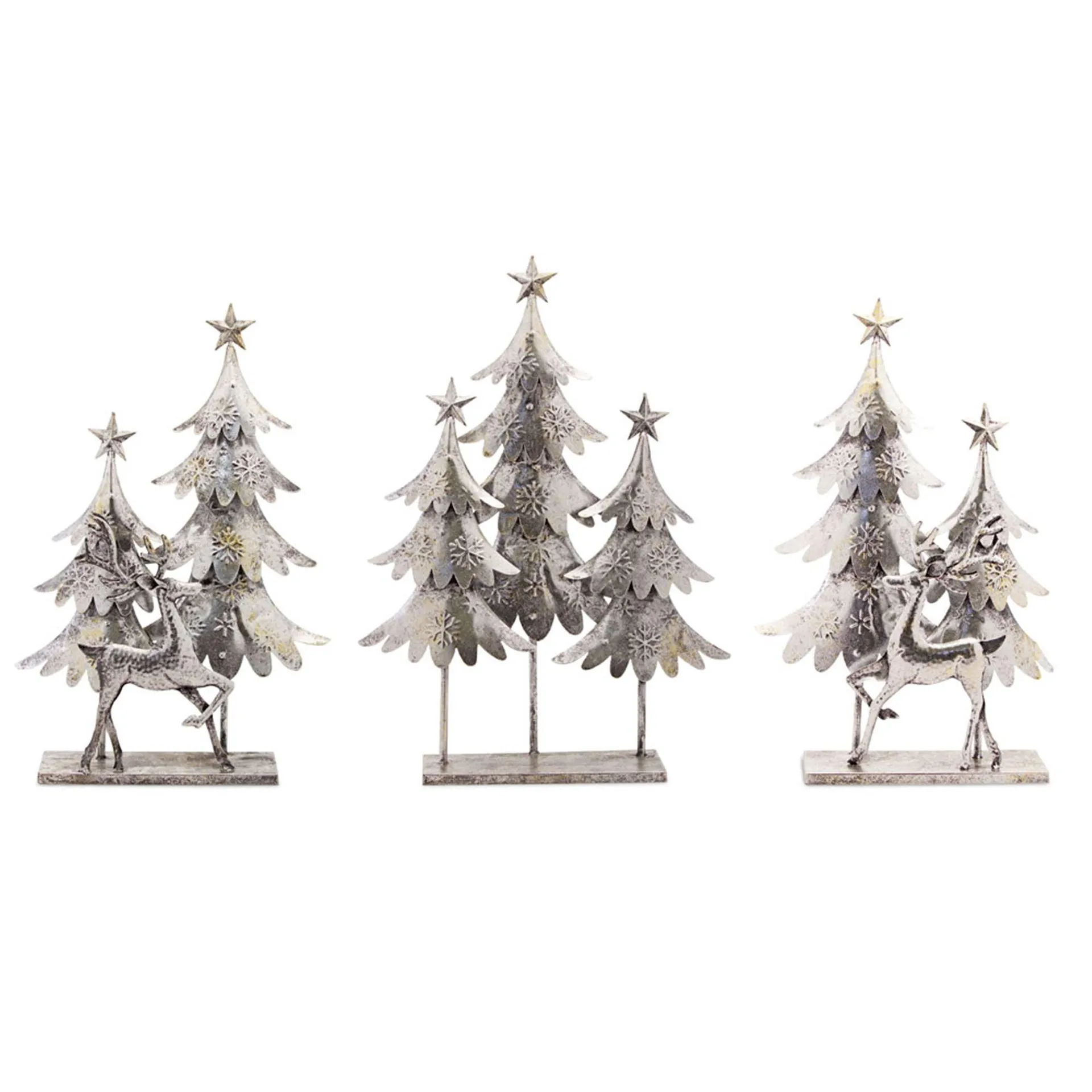 Silver Hammered Metal Deer with Trees Display, Set of 3