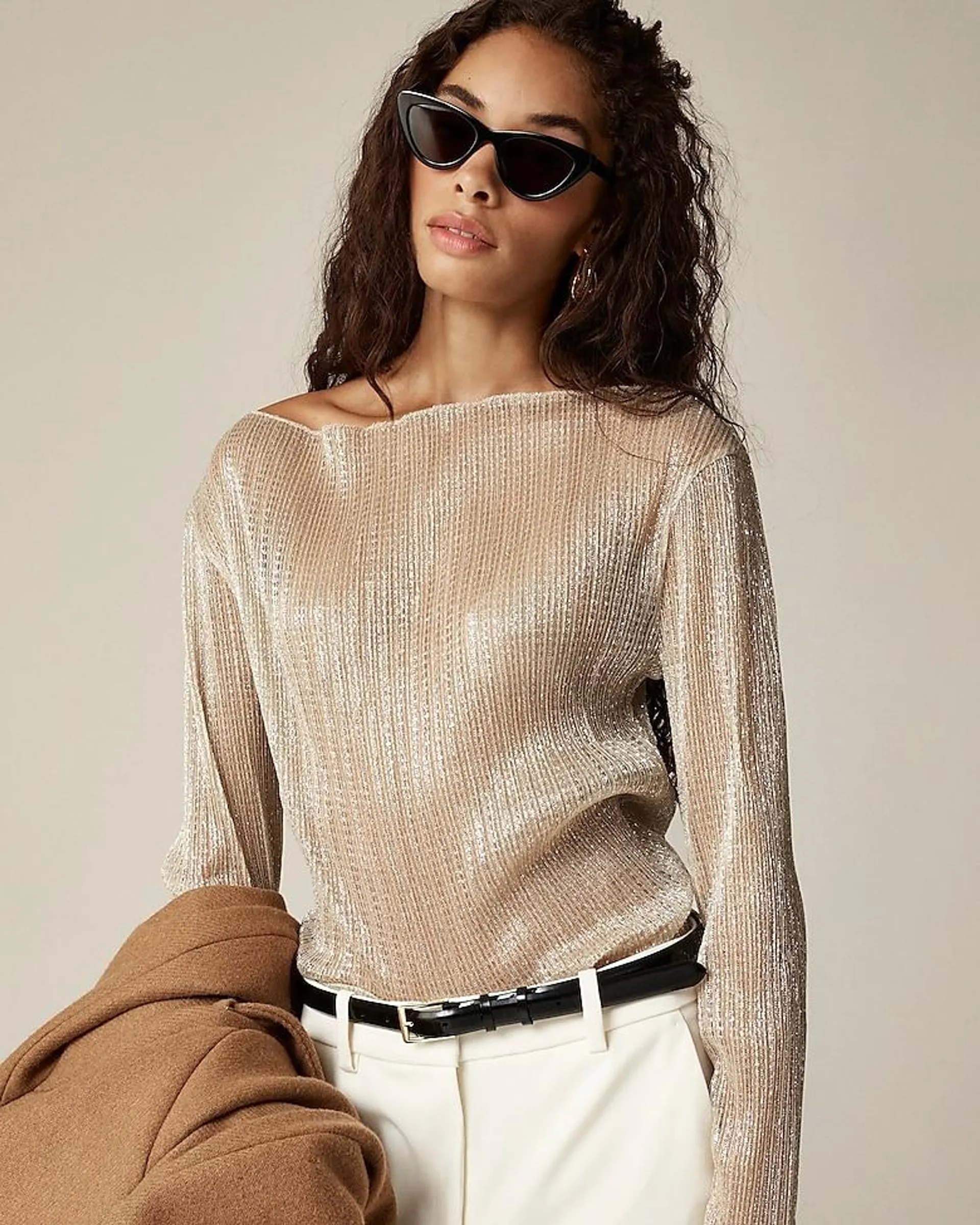 Sheer metallic boatneck top