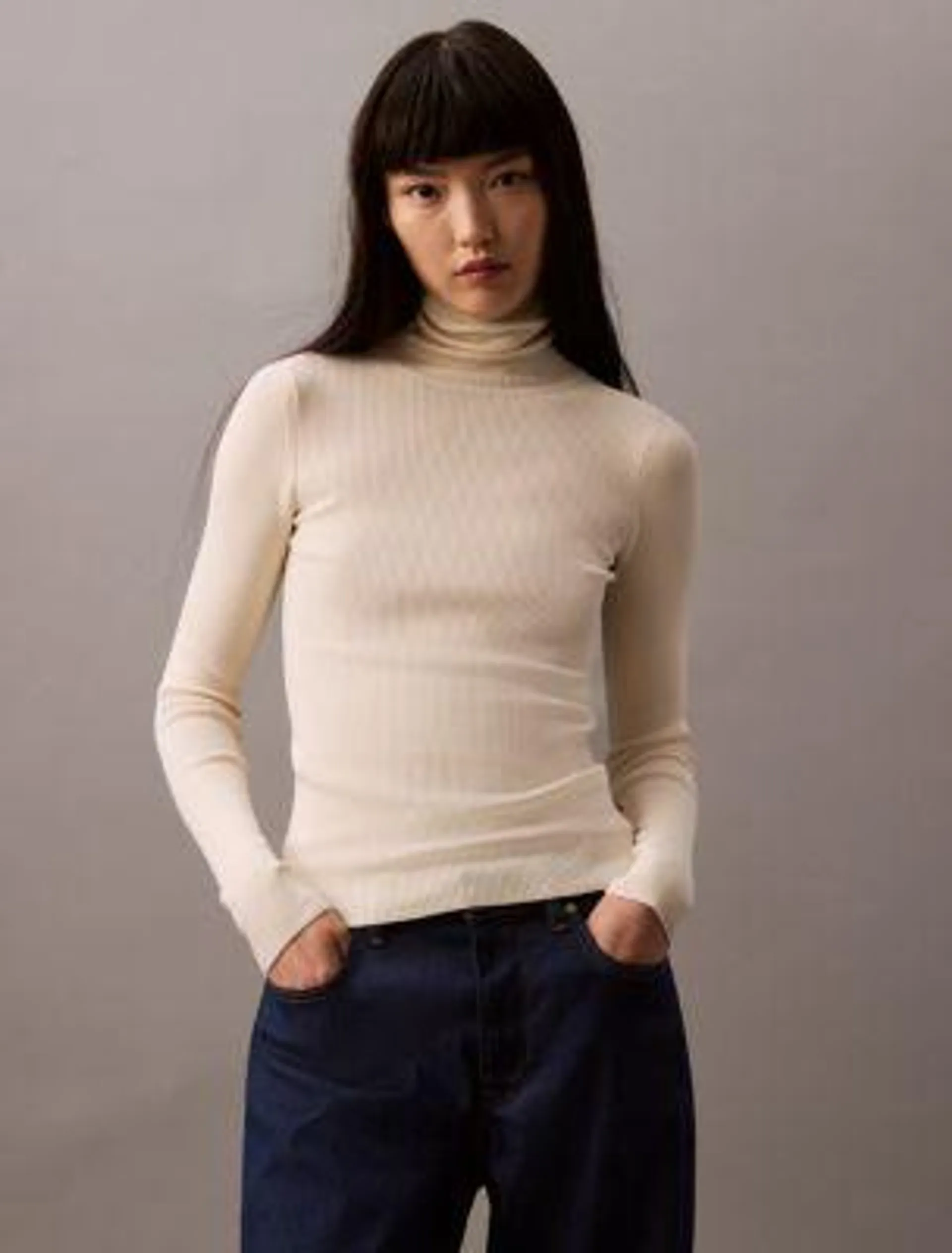 Smooth Cotton Rib Slim Turtleneck Sweater