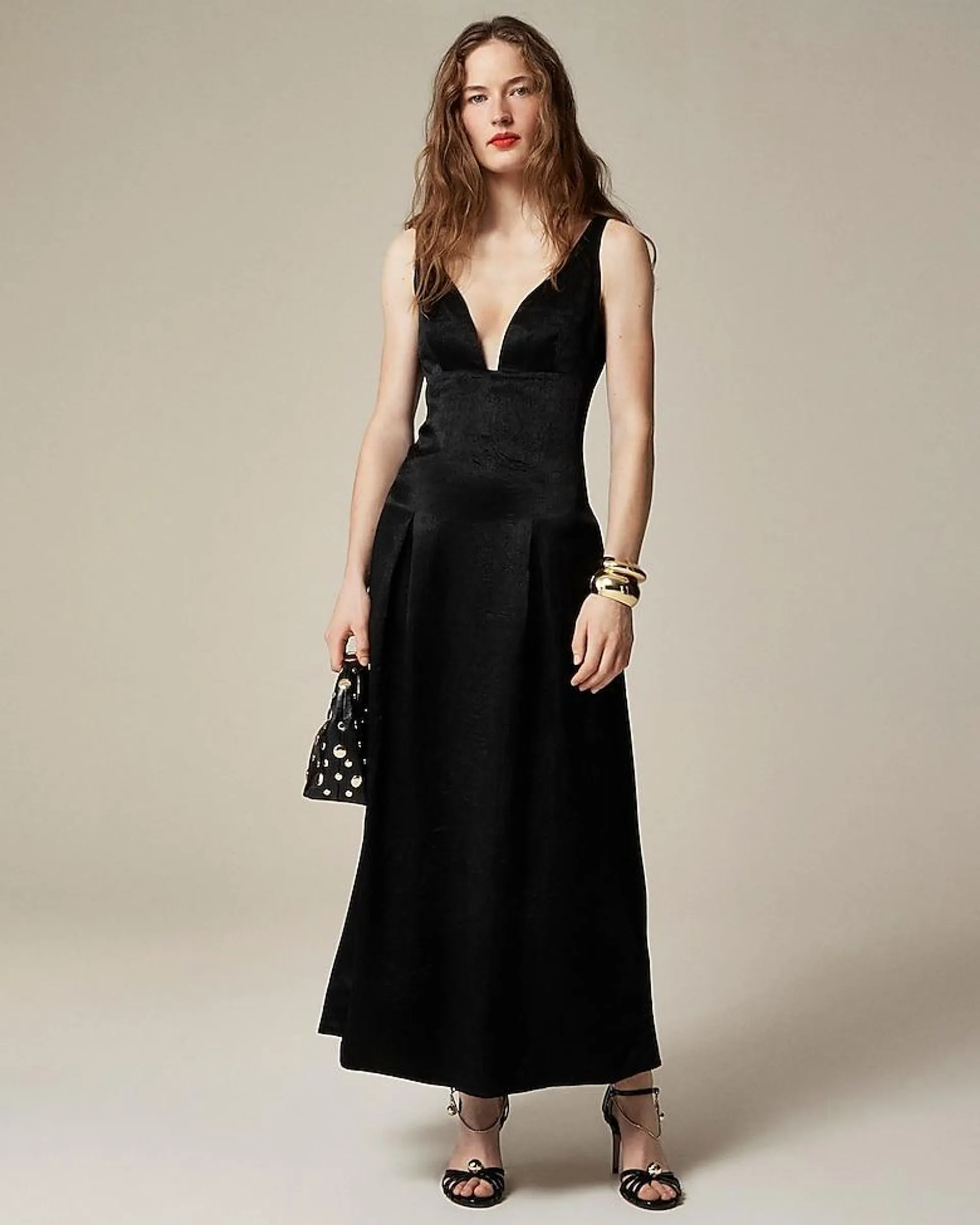 Plunge drop-waist dress in textured satin