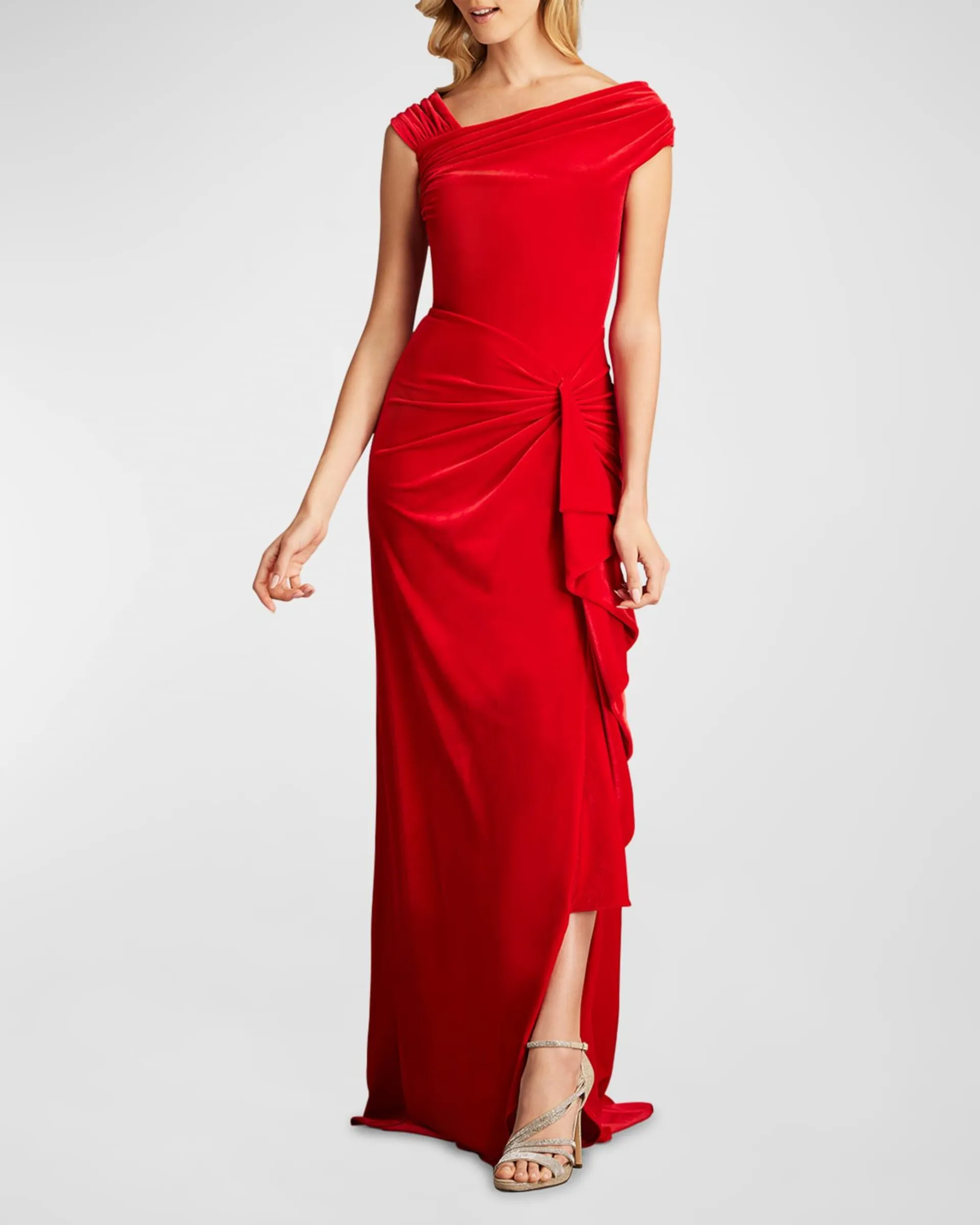 Pleated Asymmetric Crepe Column Gown