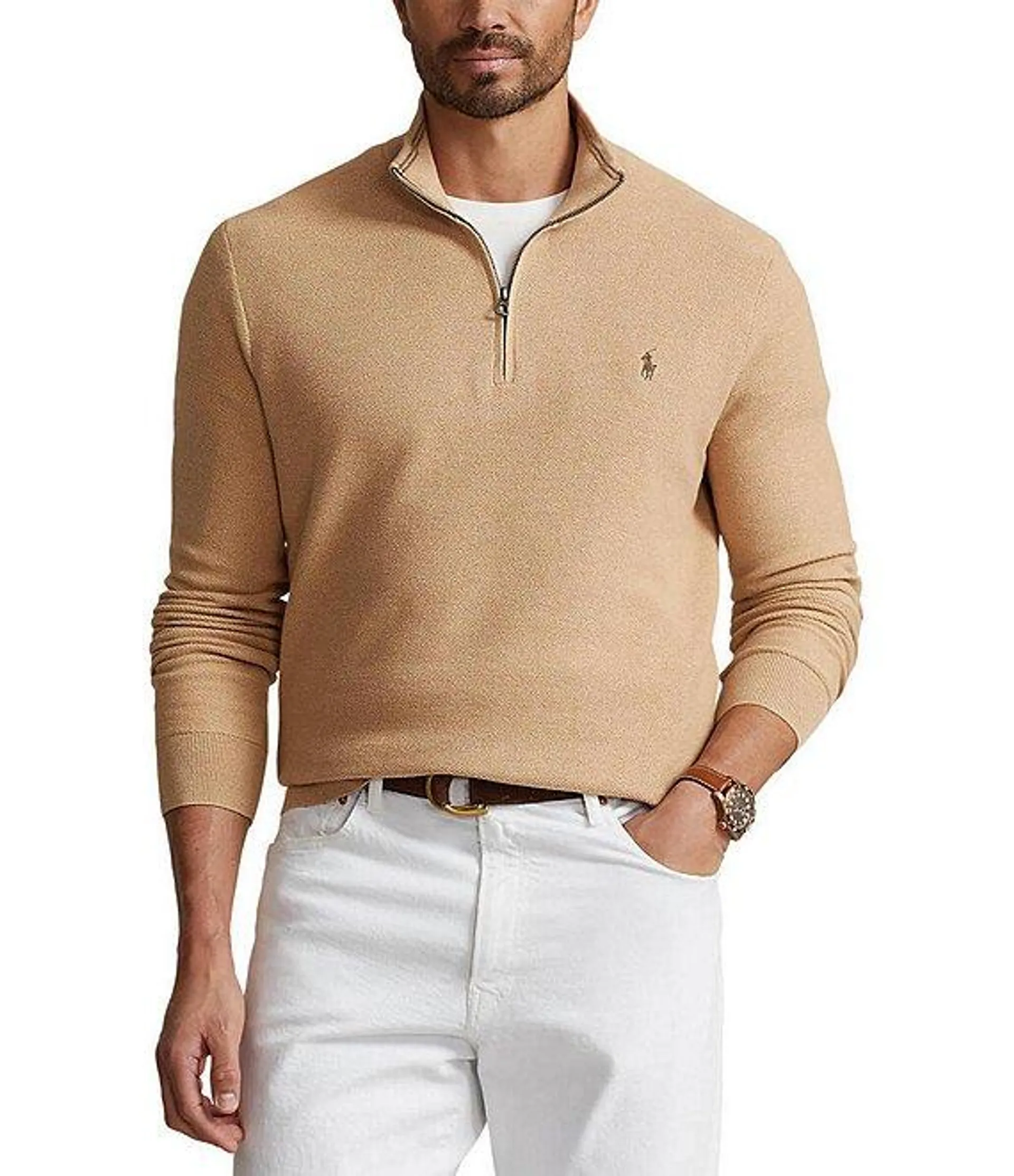 Big & Tall Mesh Knit Cotton Quarter-Zip Sweater