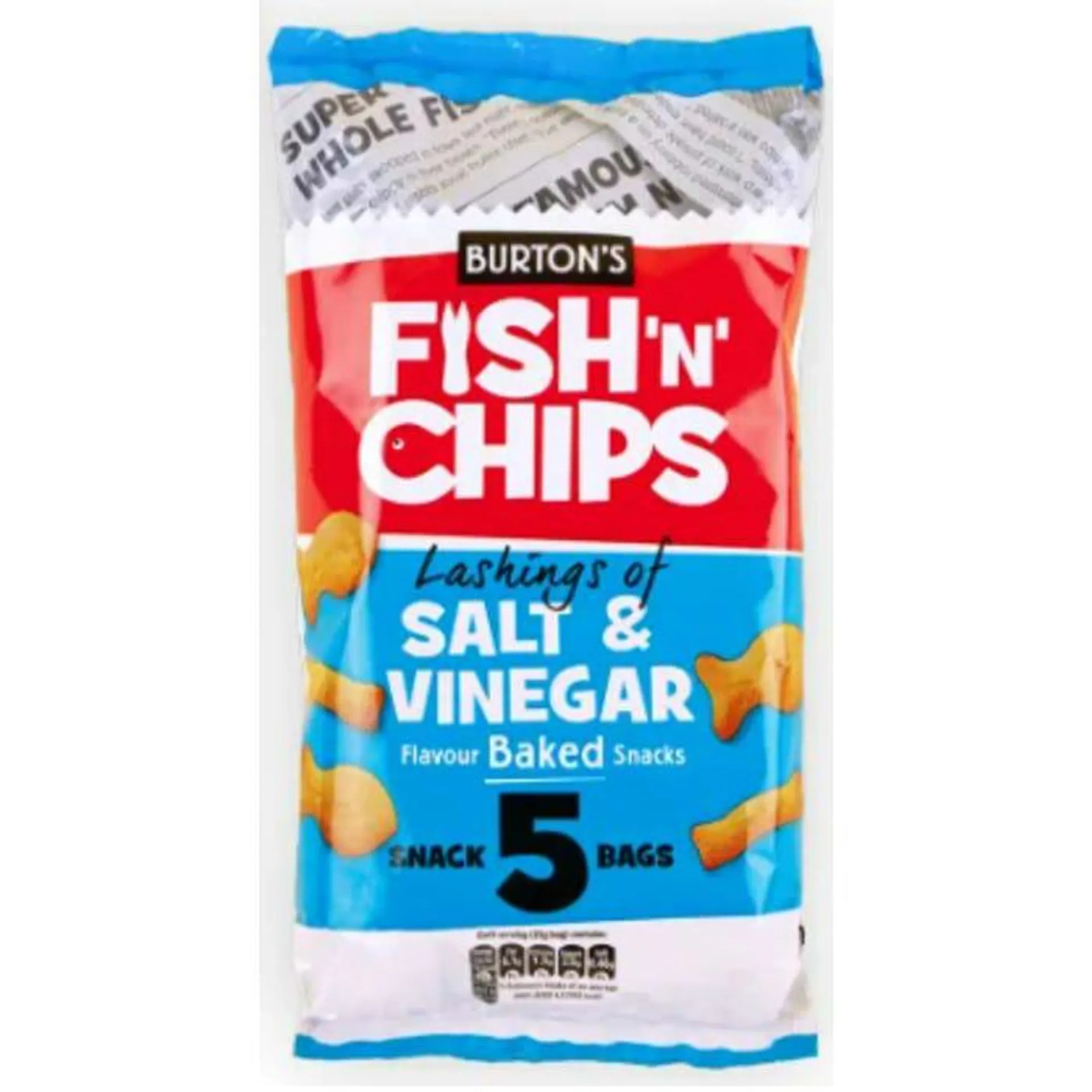 Burton's Fish 'N' Chips Salt & Vinegar Baked Snacks, 25g (Pack of 5)
