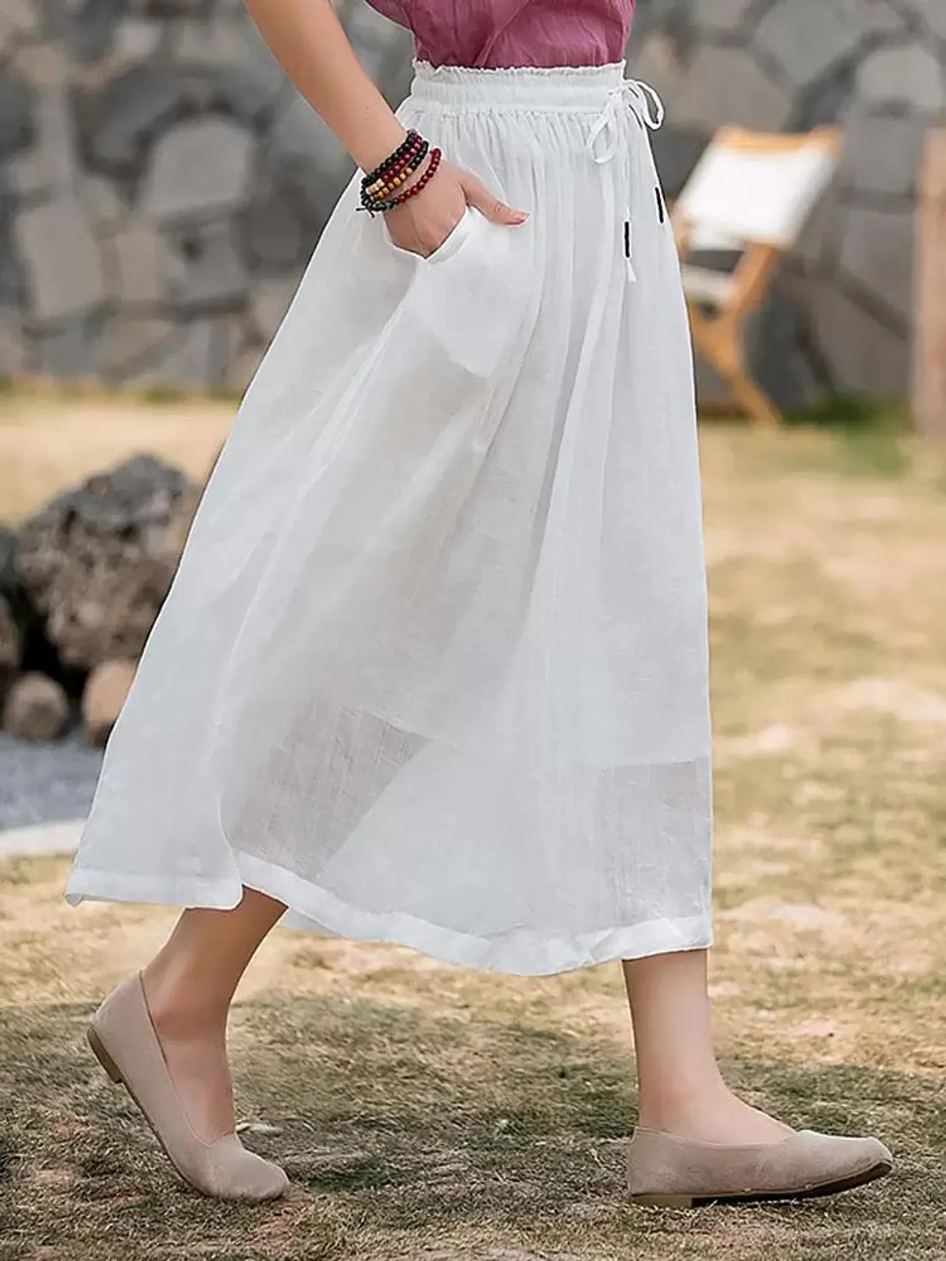 Skirts White Cotton Linen Natural Waist Elegant Oversized Fall Long Women's Bottoms