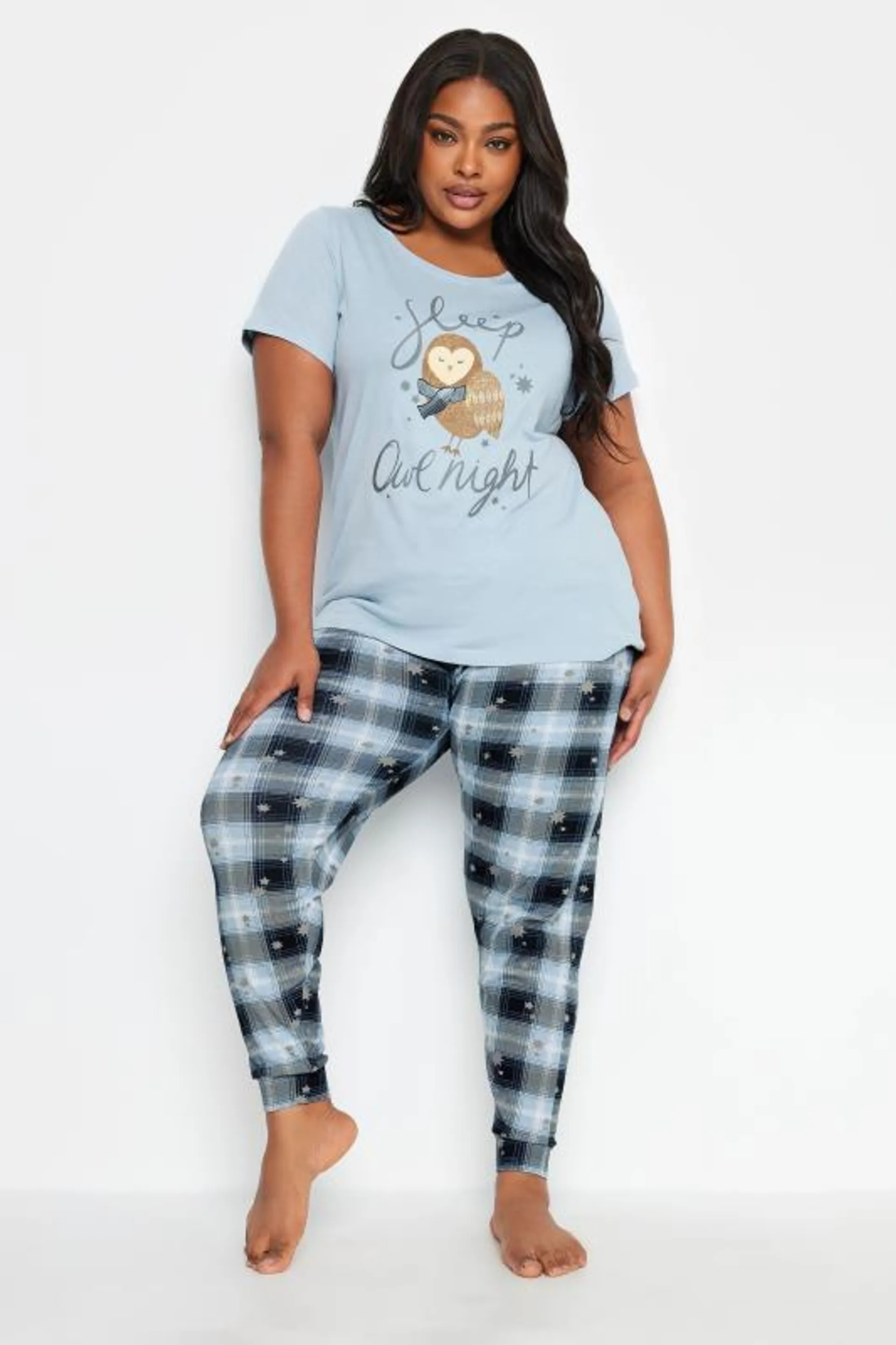 YOURS Curve Light Blue 'Sleep Owl Night' Check Print Pyjama Set