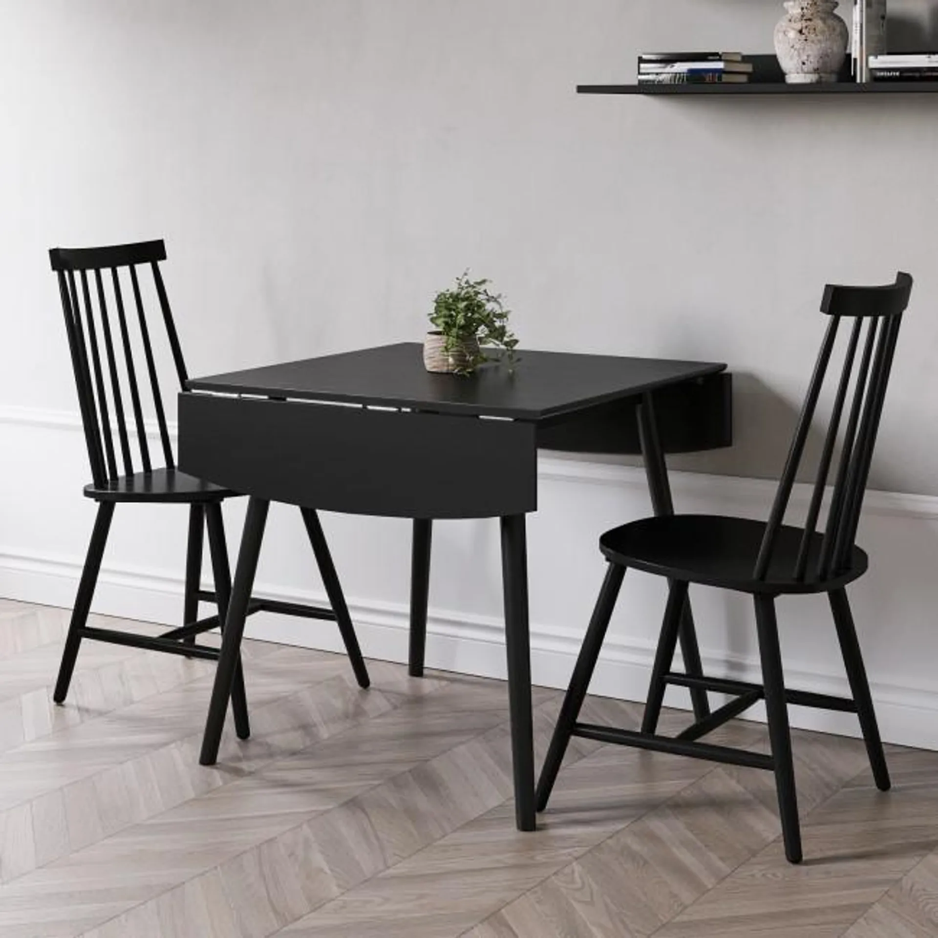 Black Drop Leaf Dining Table with 2 Black Spindle Dining Chairs- Olsen