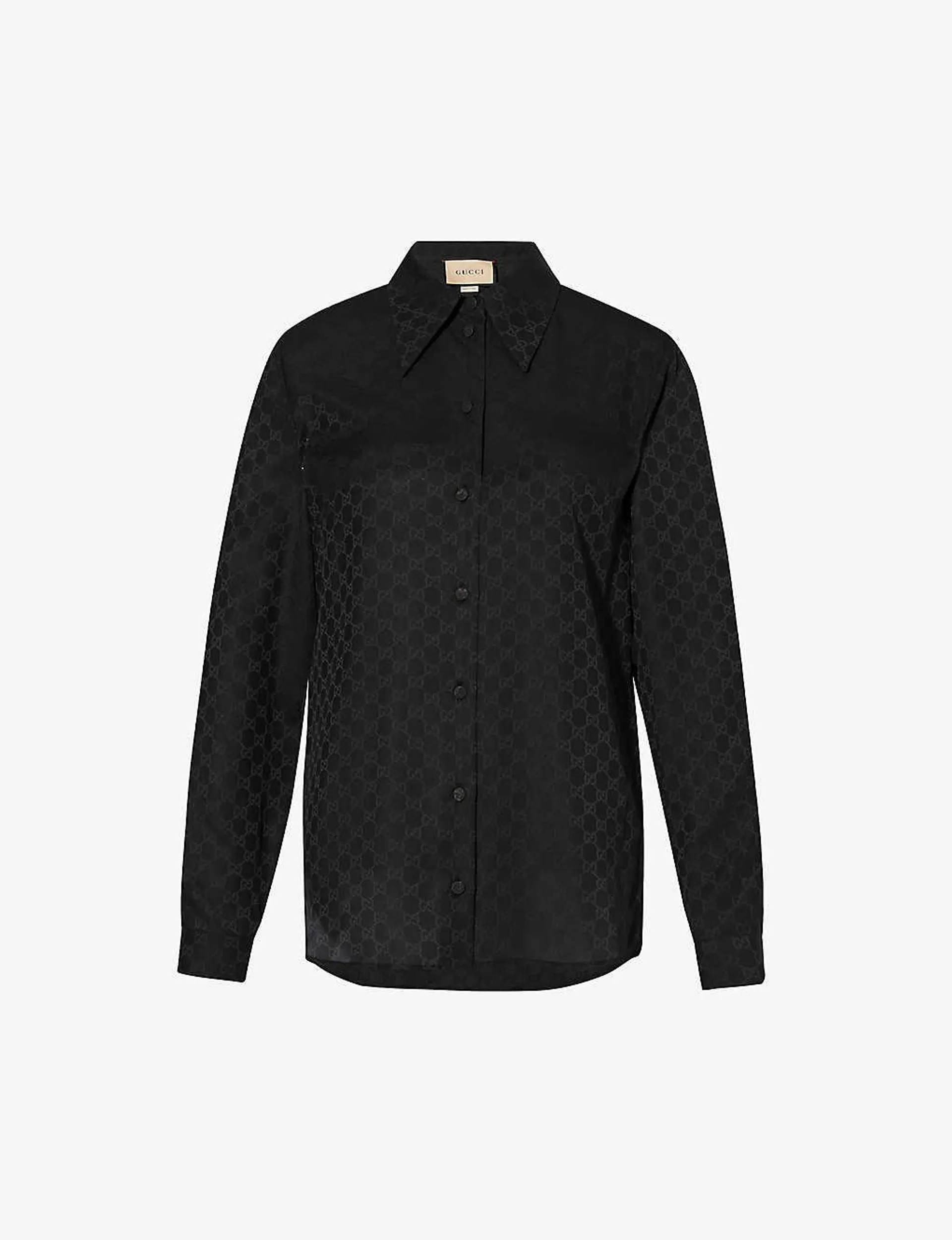 Monogram-pattern satin-texture regular-fit silk shirt