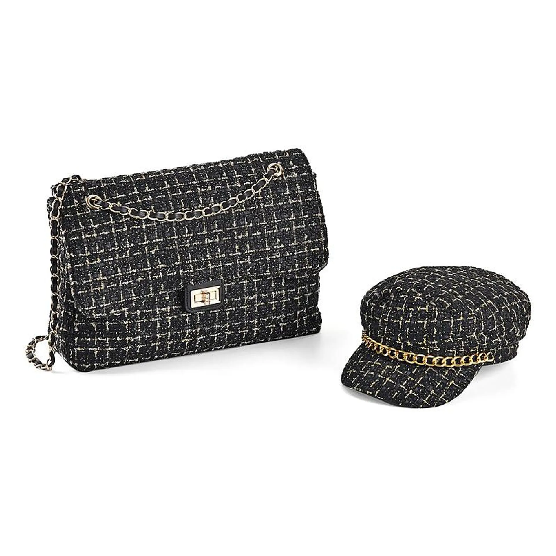 2 Piece Set - Classic Checkered Pattern Shoulder Bag with Chain Strap & a Newsboy Cap - Black