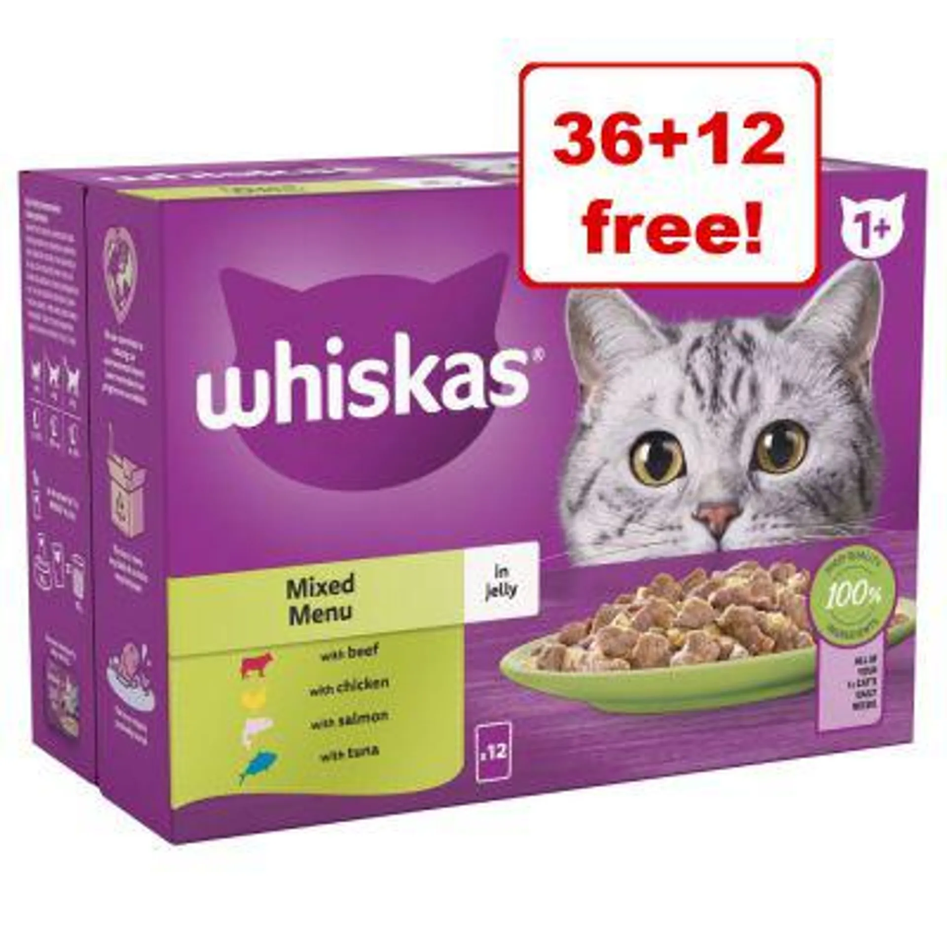 48 x 85g Whiskas Wet Cat Food Pouches - 36 + 12 Free!*