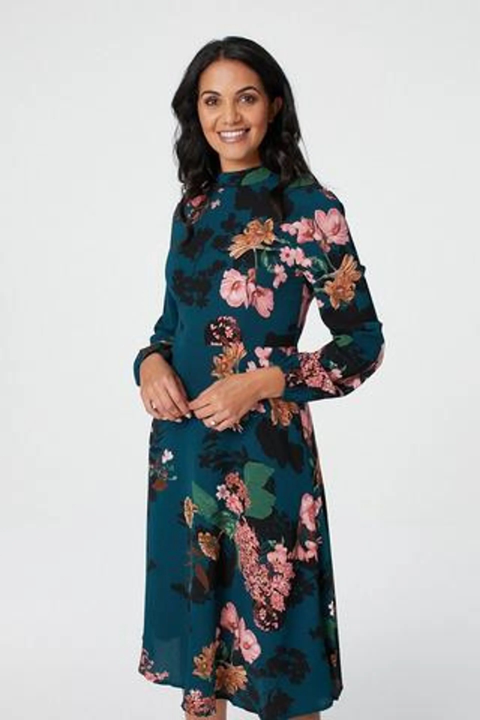 Floral High Neck Midi Dress