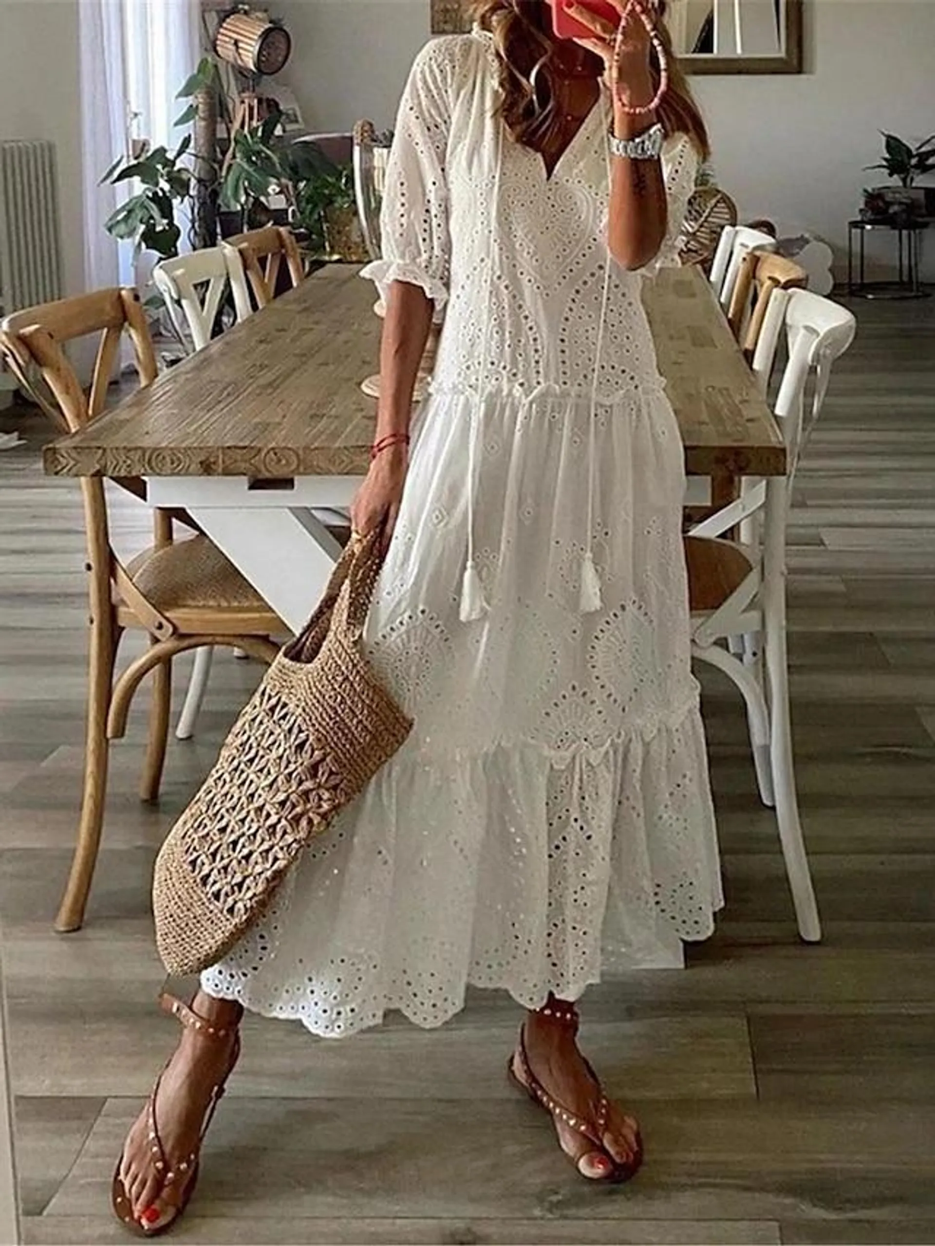 Women's White Dress Long Dress Maxi Dress Ruffle Date Vacation Streetwear Maxi V Neck Half Sleeve White Red Blue Color