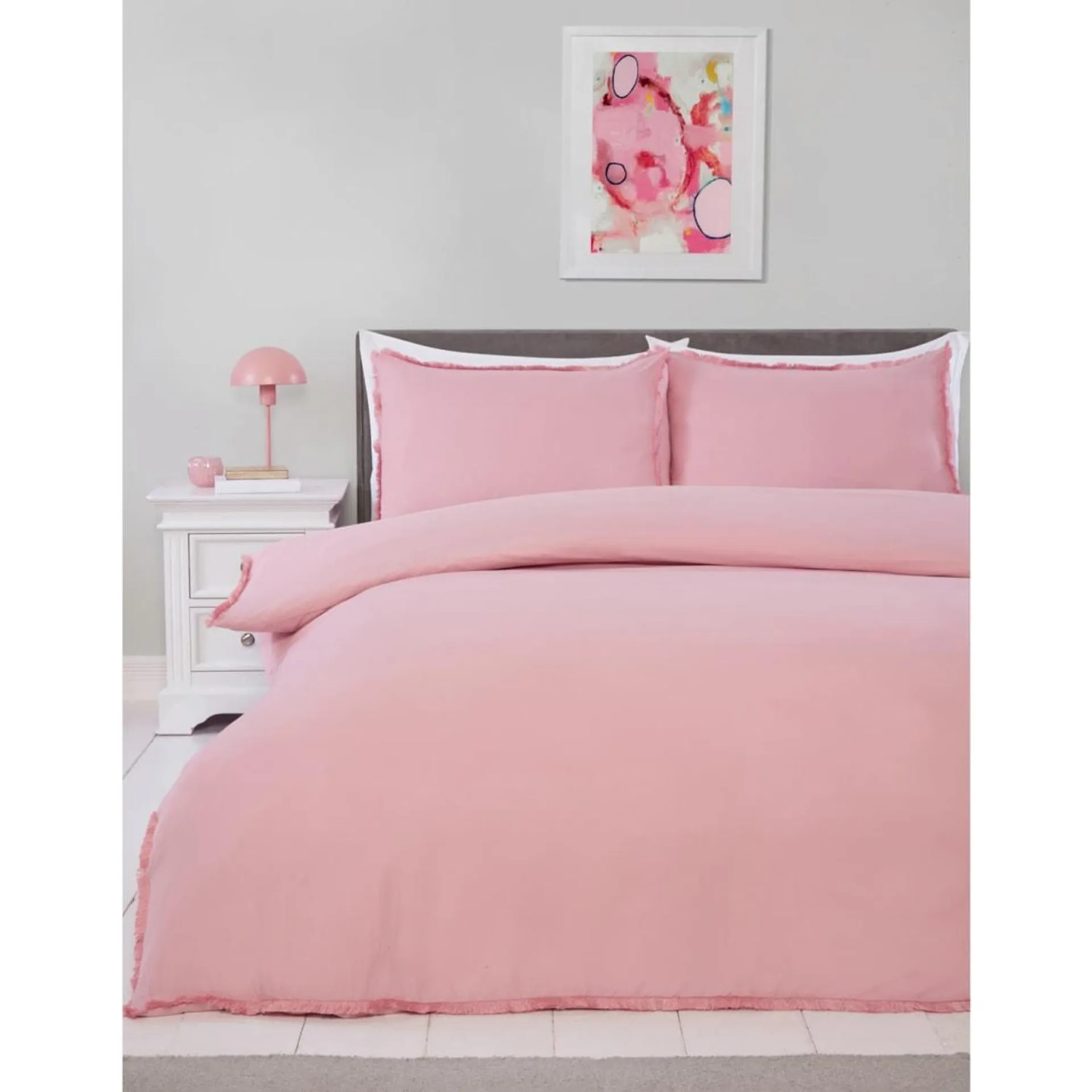 Fringed Trim Double Duvet Set - Pink