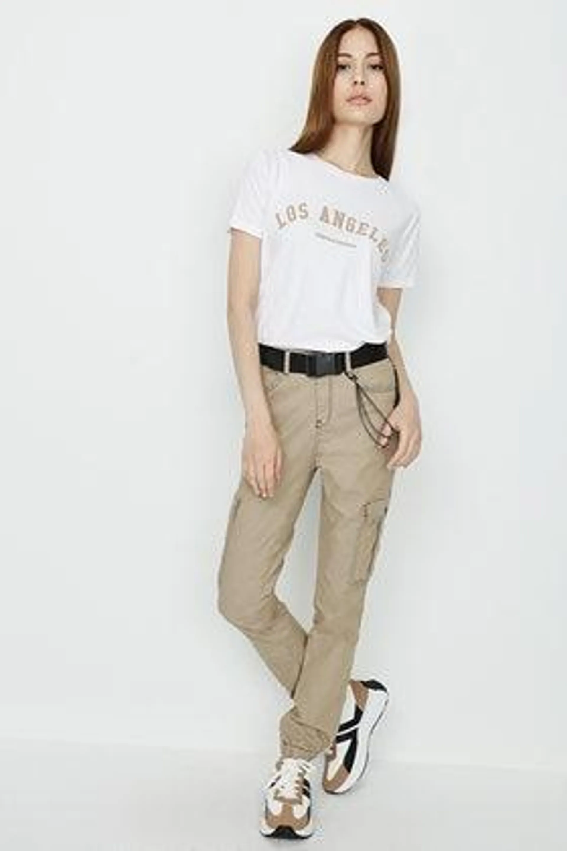 Sand Contrast Stitch Chain Cargo Trousers