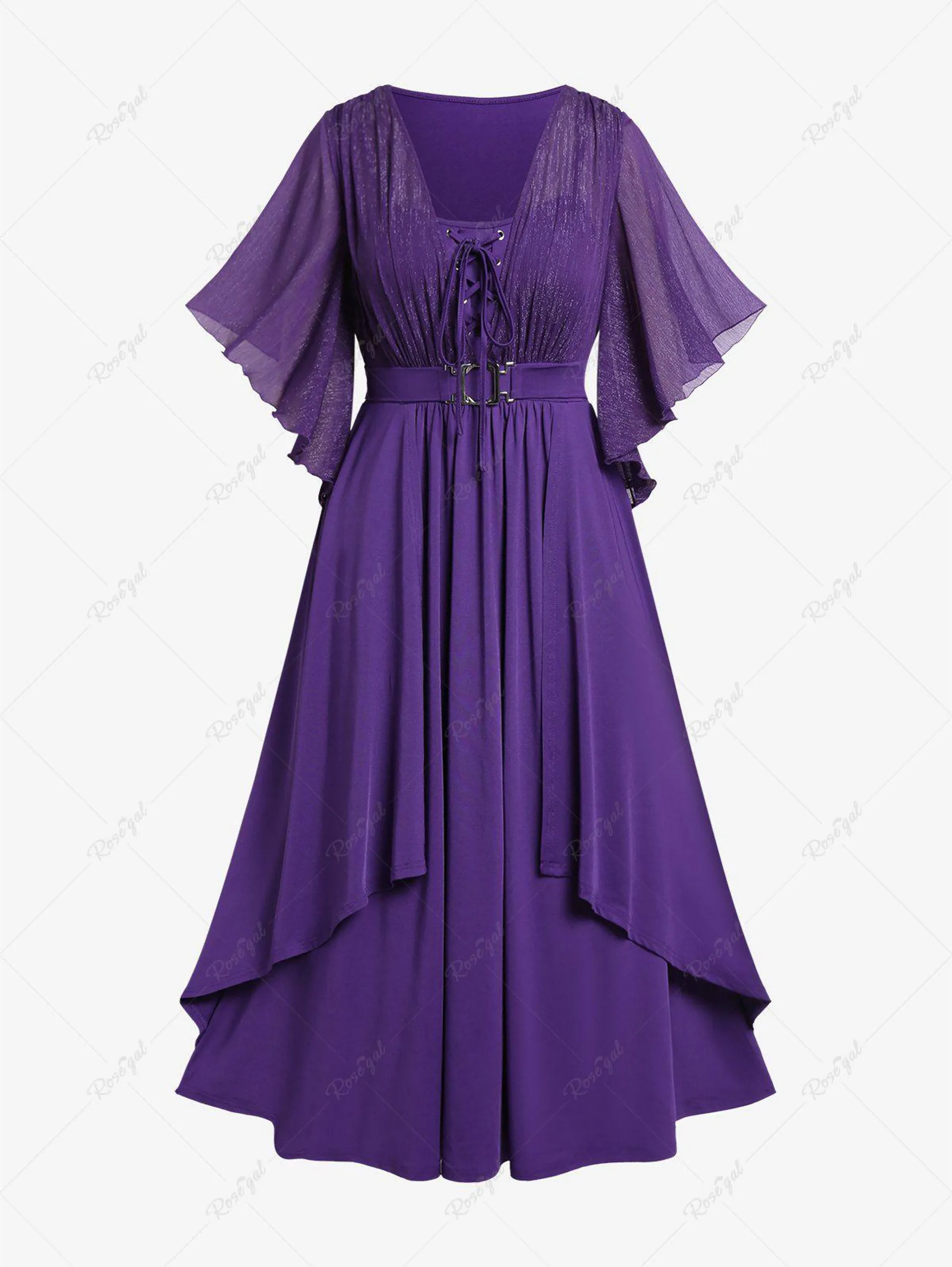 Plus Size Lace Up Buckle Grommet Layered Butterfly Sleeve Dress - 3x | Us 22-24