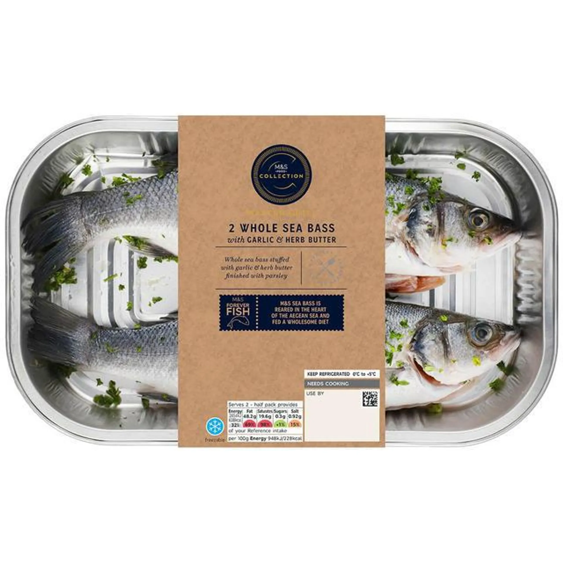 M&S Collection 2 Whole Sea Bass with Garlic Butter 560g