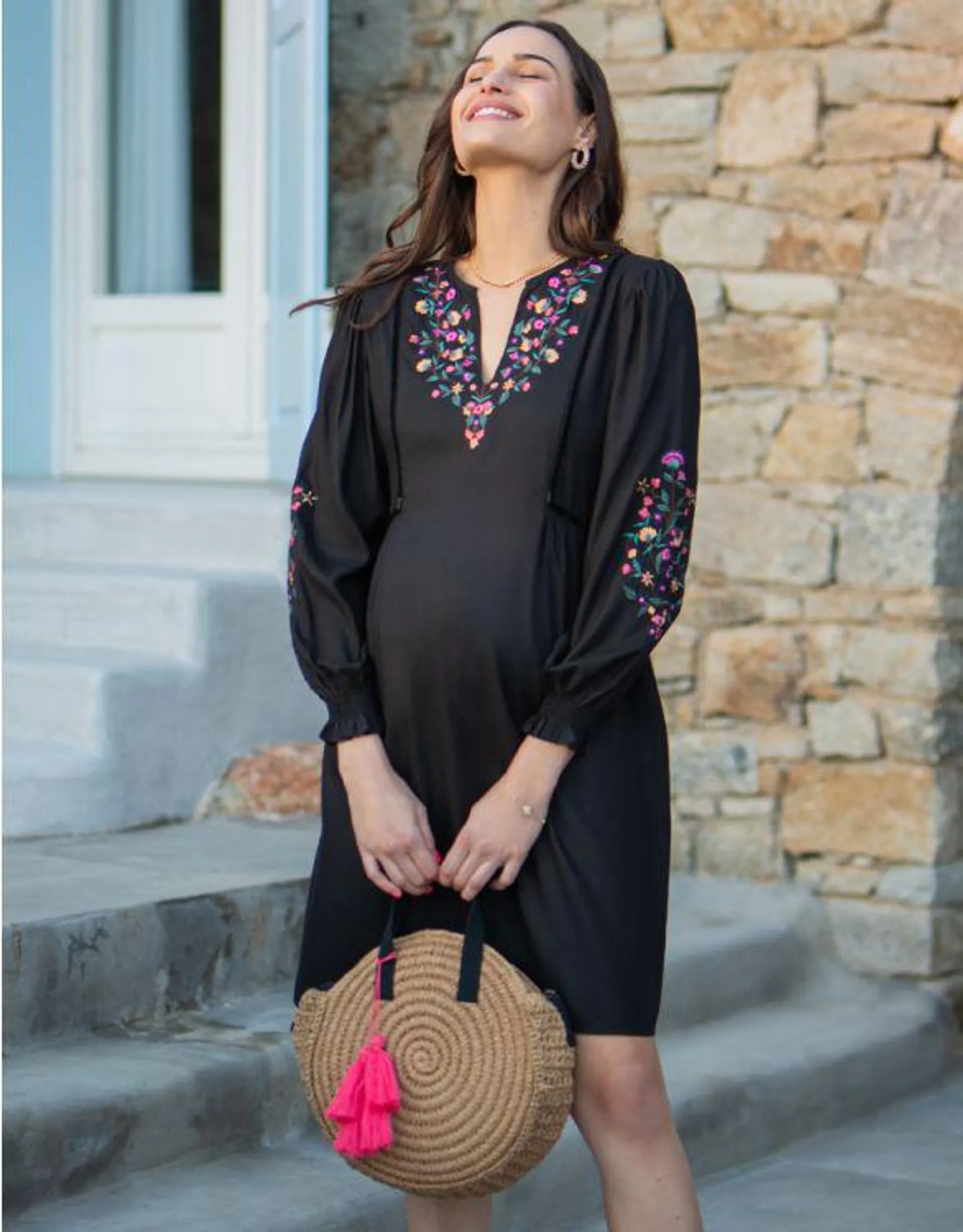 Black Embroidered Maternity & Nursing Dress