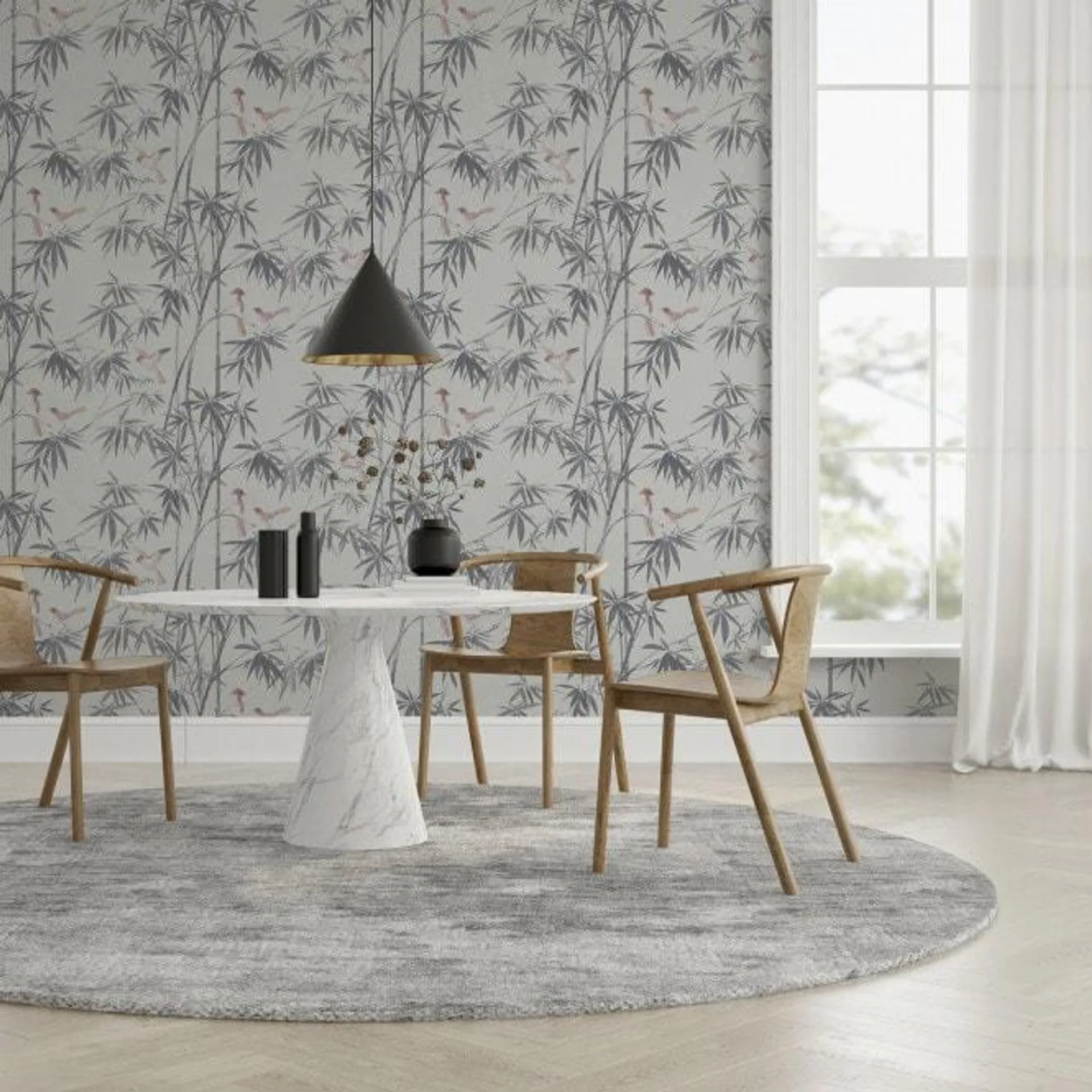 Birds and Bamboo Wallpaper in Grey