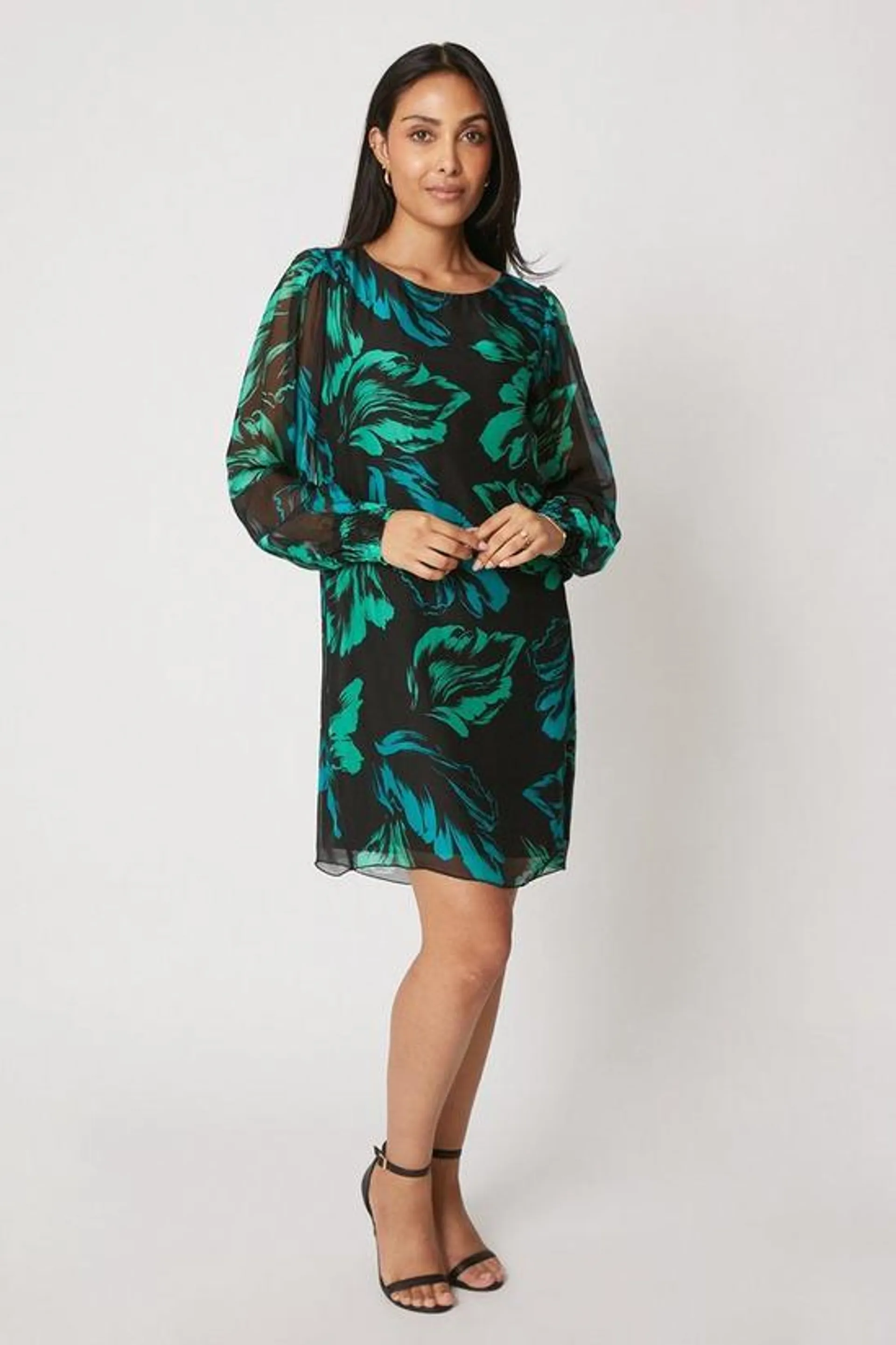 Petite Silk Mix Feather Print Shift Dress