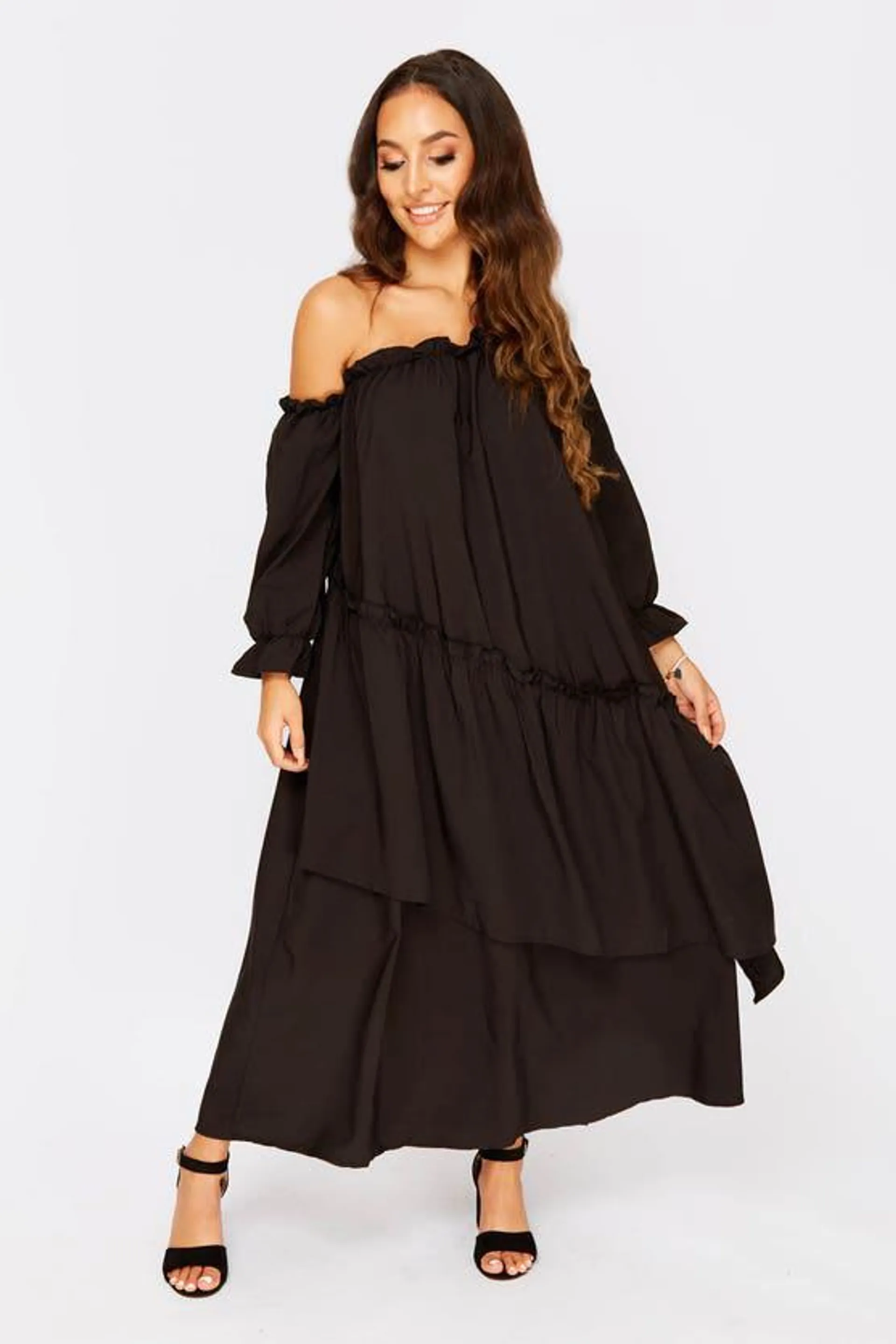 Black Off The Shoulder Maxi Dress With Ruched Details