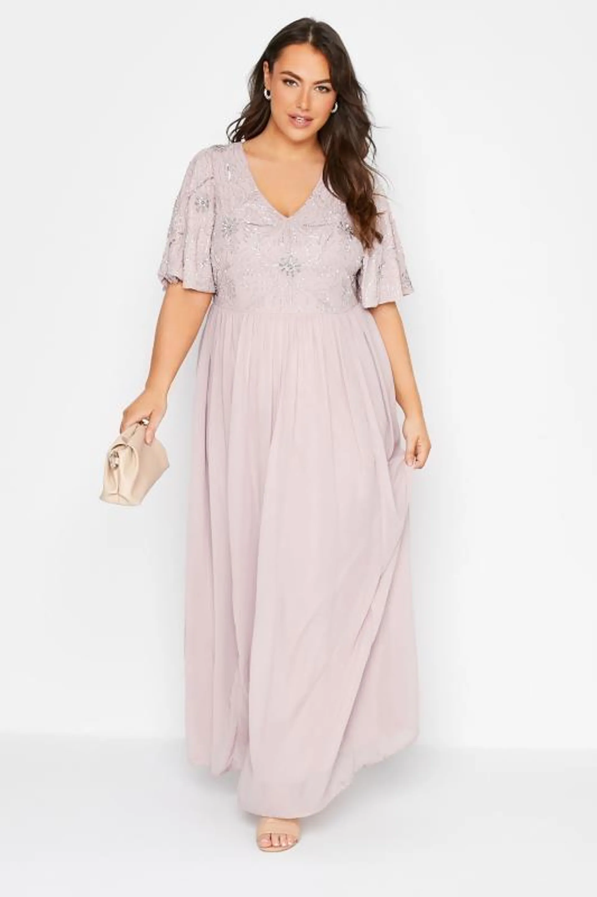 LUXE Curve Pink Floral Hand Embellished Maxi Dress