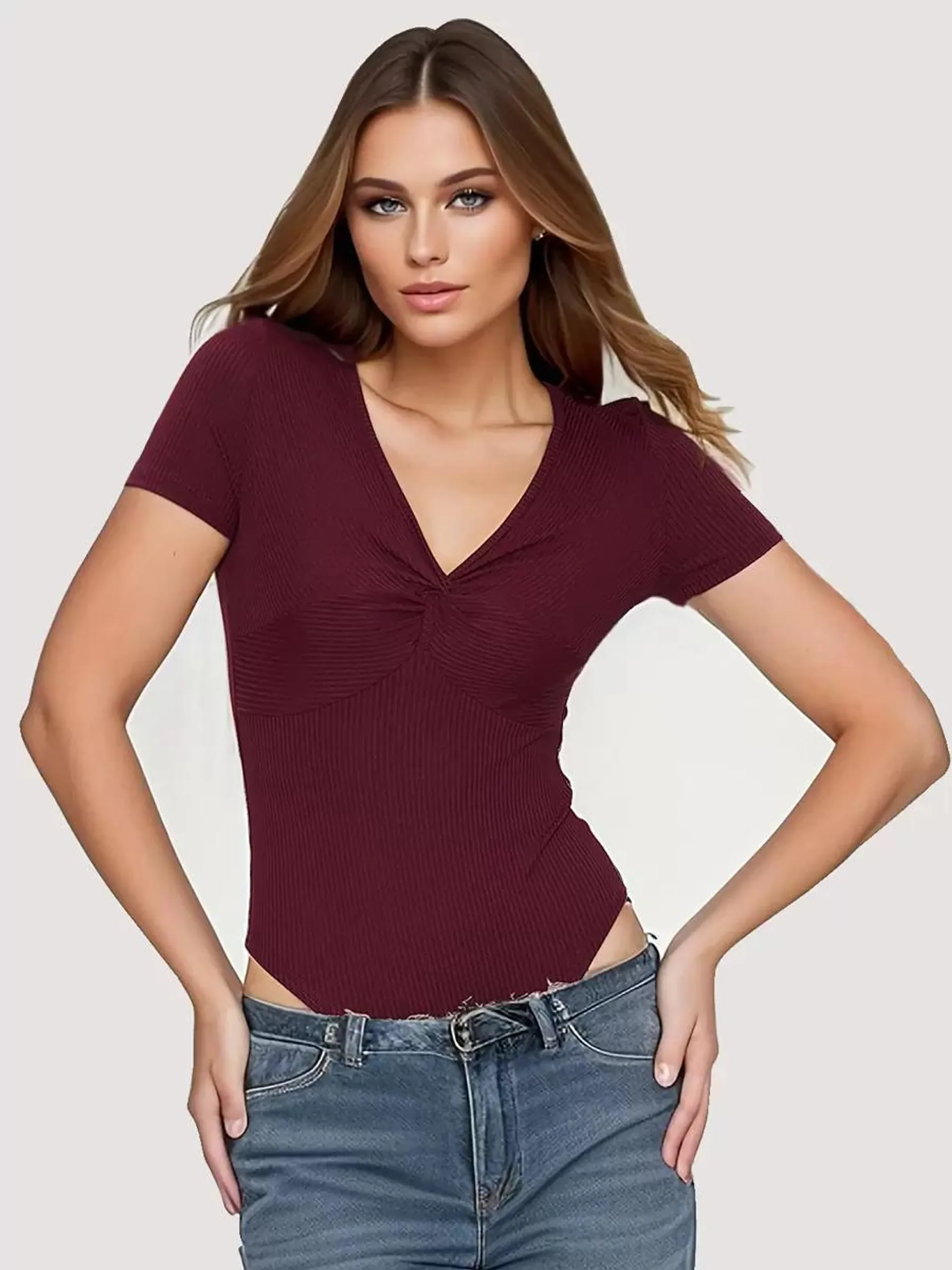 Short Sleeves Bodysuit Burgundy Pleated V-Neck Casual Polyester Women Top