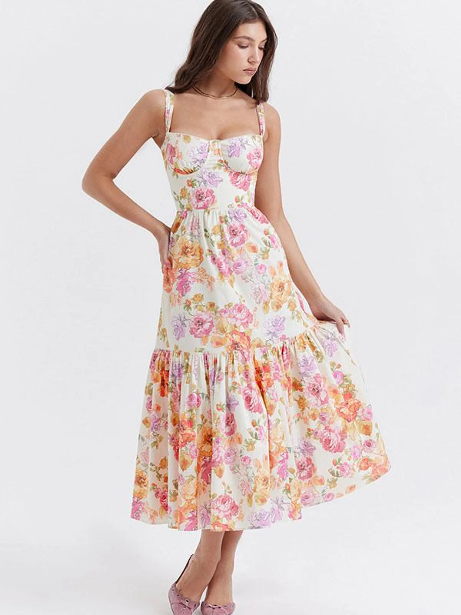 Print Dresses Midi Dress Dresses Printed Pleated Straps Neck Sleeveless Backless Casual Summer Medium