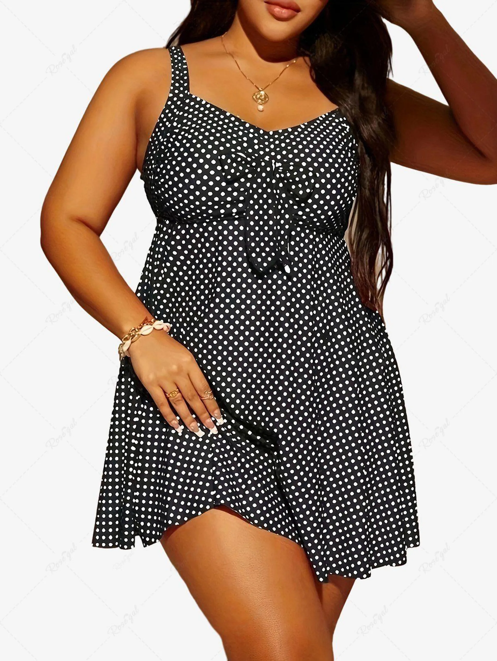 Plus Size Bowknot Polka Dot Print One Piece Swimsuit - 1xl