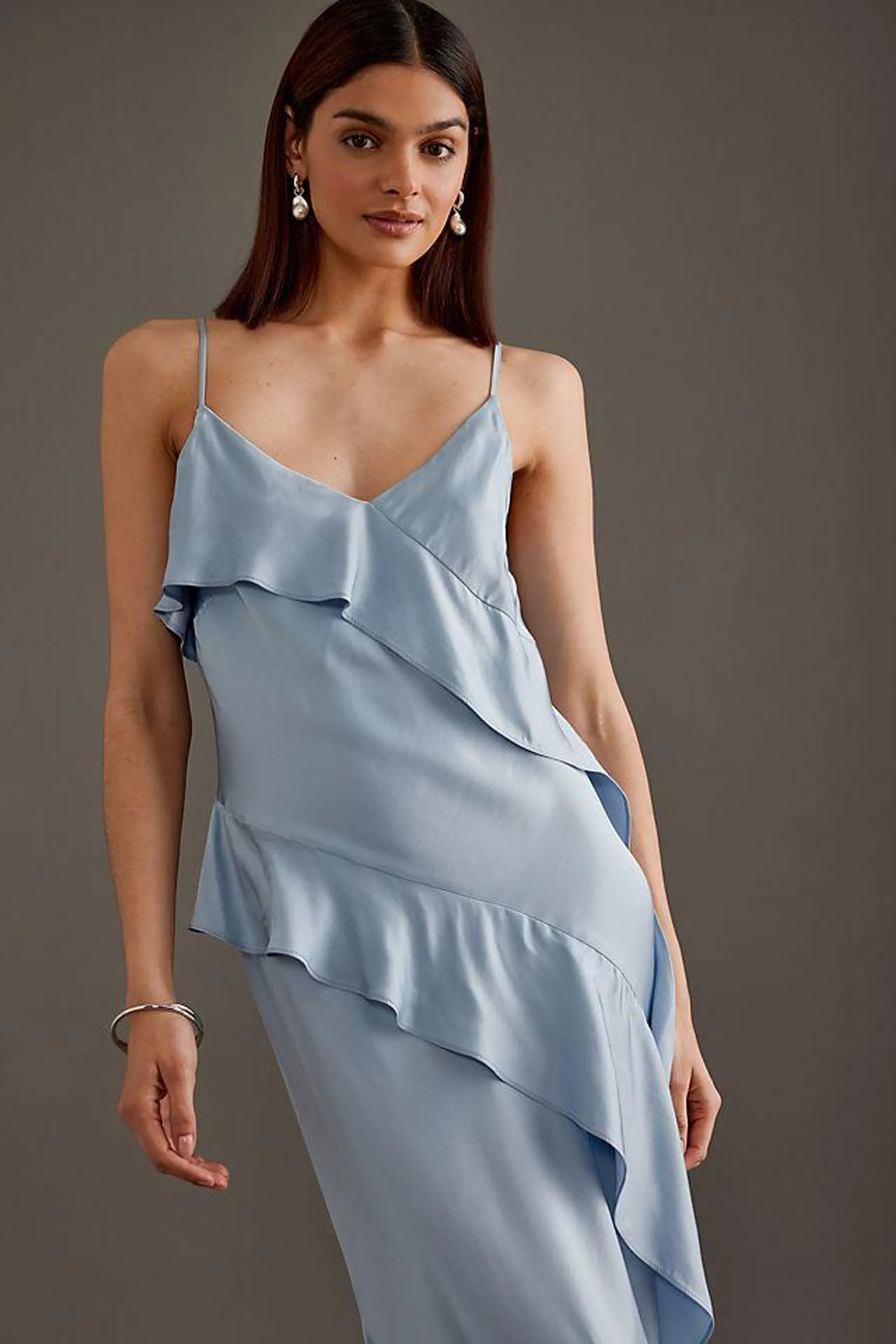 Asymmetric Ruffle Maxi Slip Dress