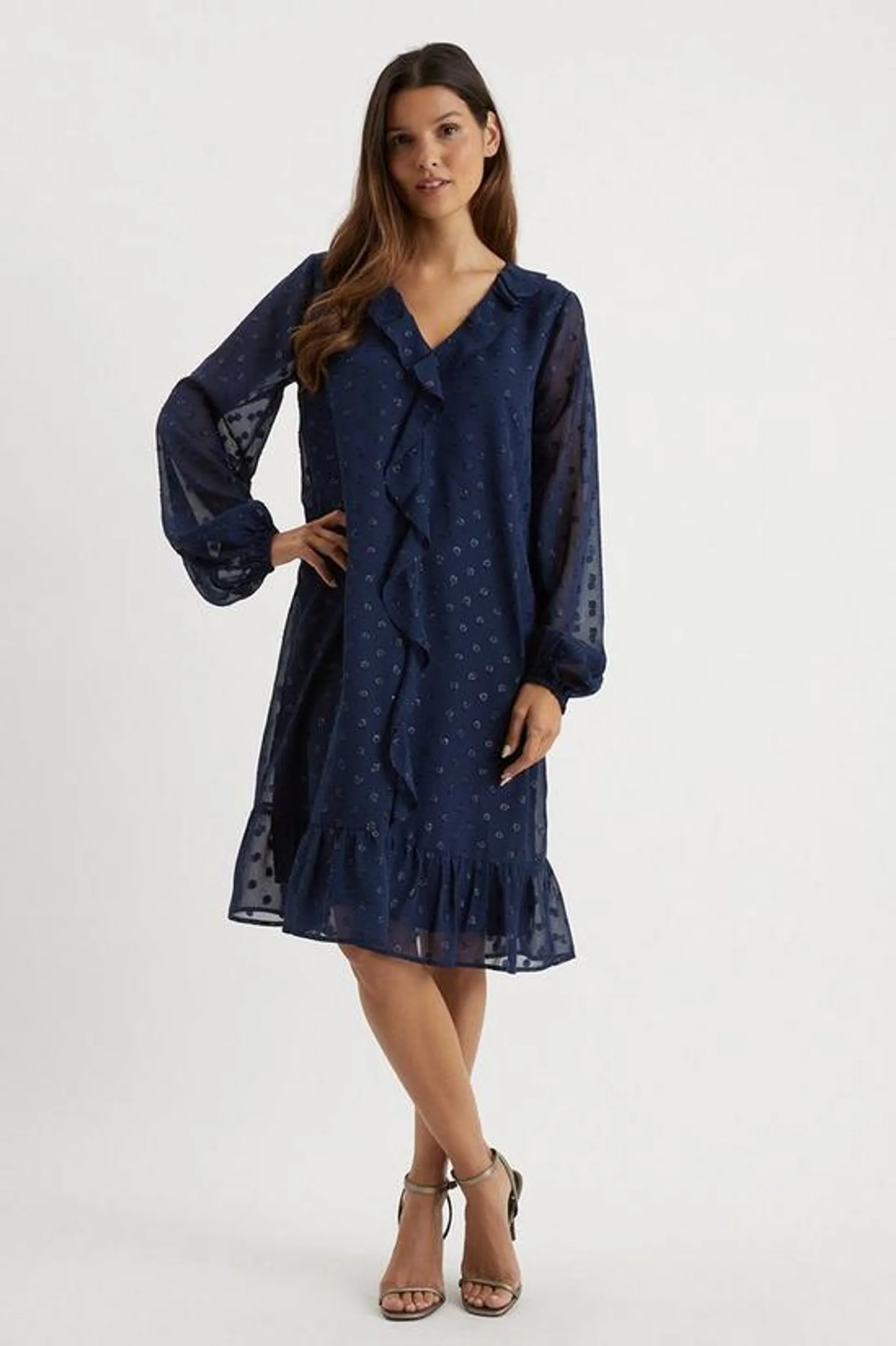 Tall Glitter Spot Ruffle Front Shift Dress