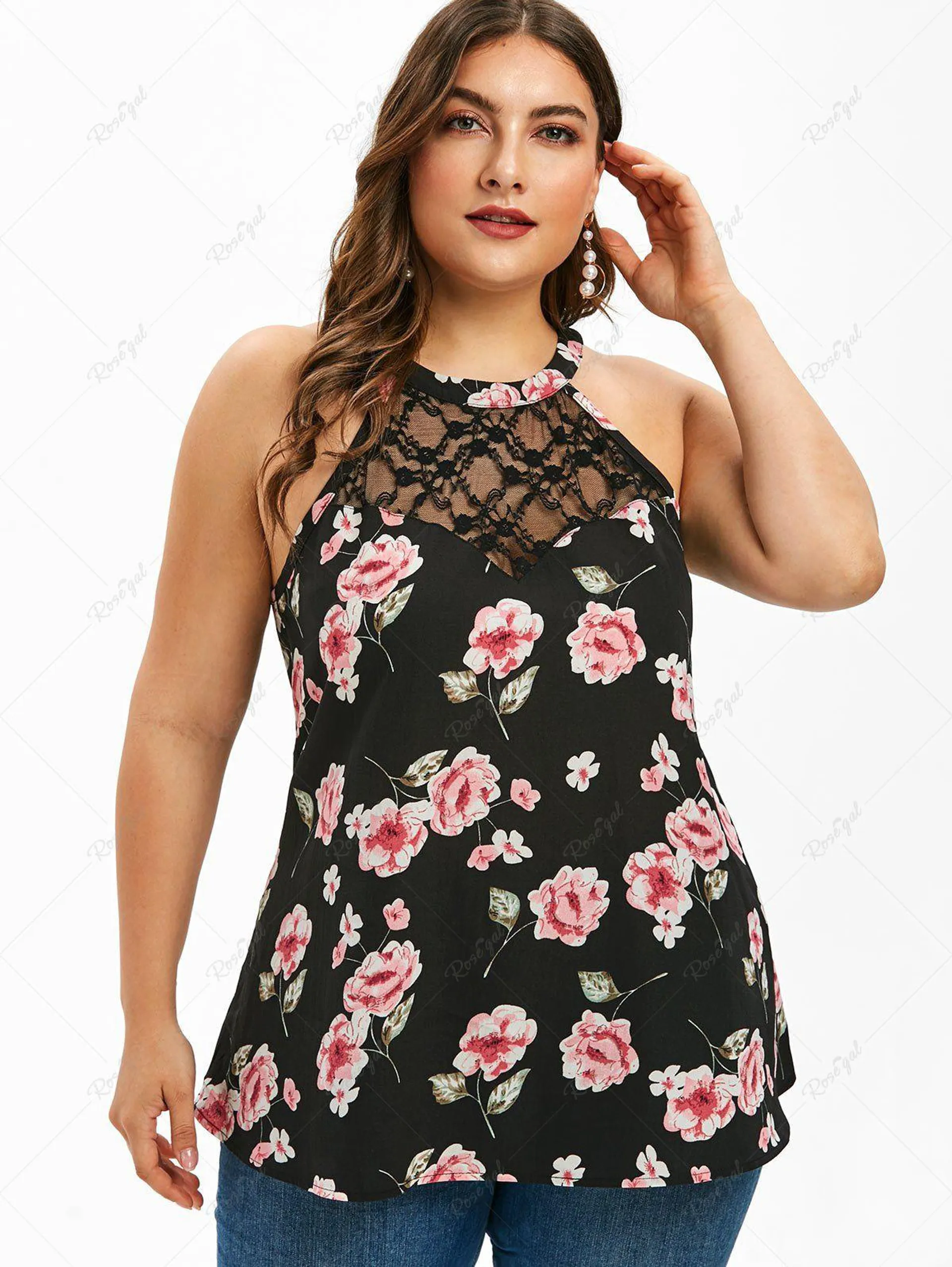 Plus Size Lace Panel Floral Tank Top - L | Us 12