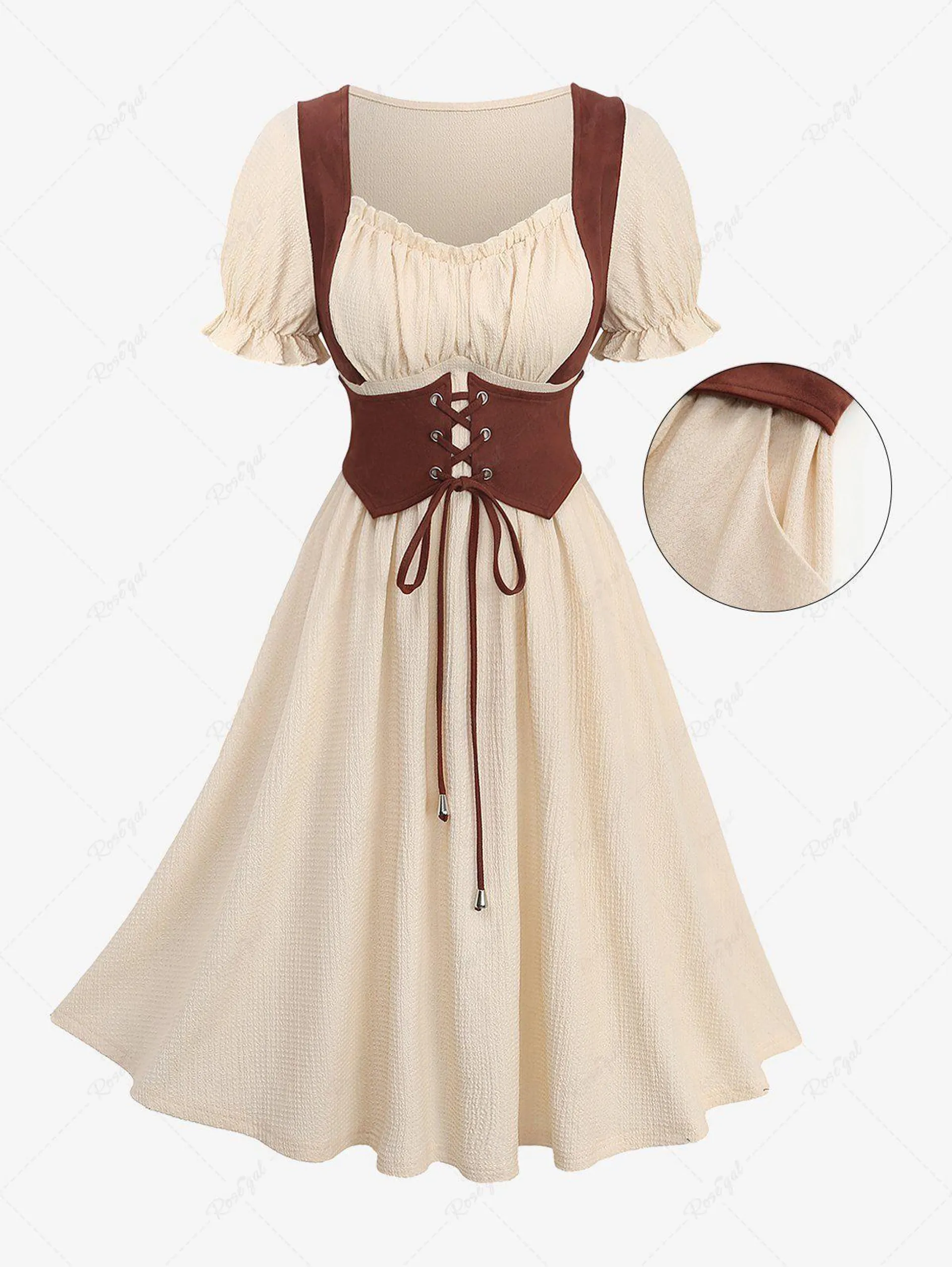 Plus Size Medieval Renaissance Lace Up Grommets Ruched Ruffles Pockets Textured 1950s Vintage Dress - 4x | Us 26-28