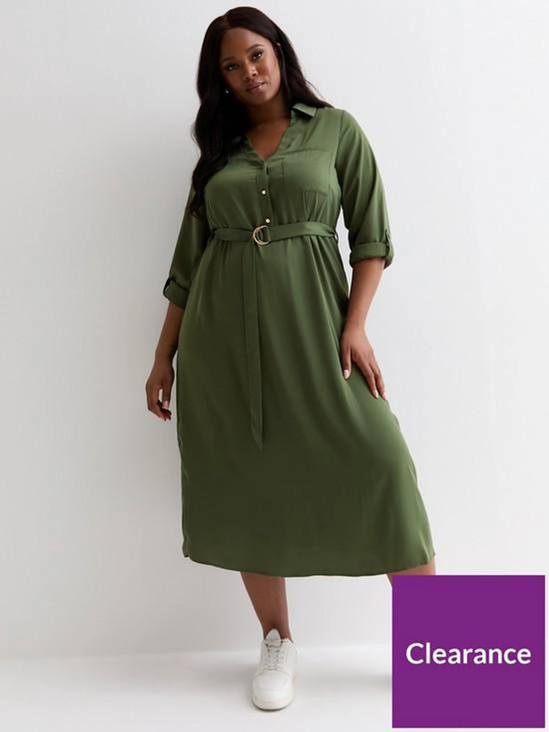 Curves Khaki D Ring Belted Midi Shirt Dress