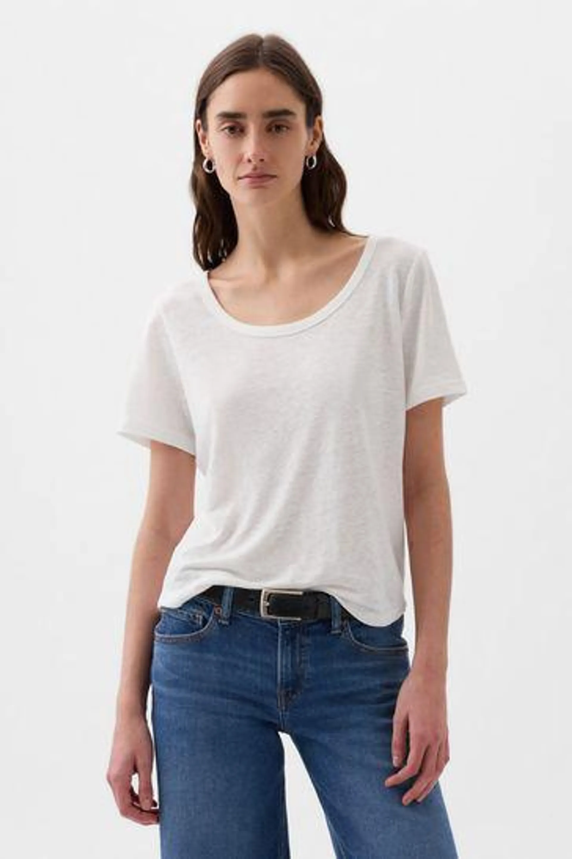 Linen Blend Short Sleeve Scoop Neck T-Shirt