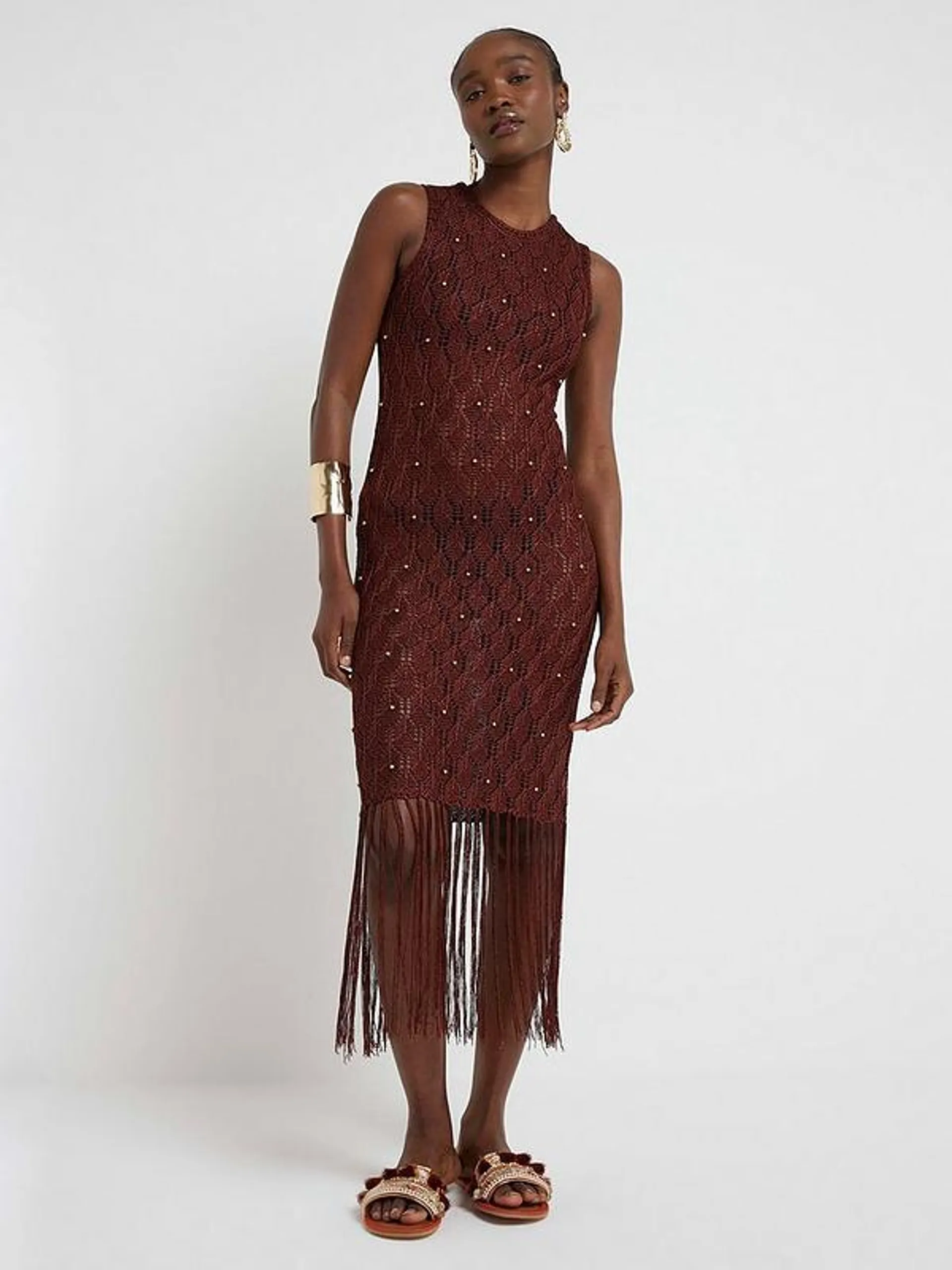 Beaded Fringe Detail Dress - Bronze