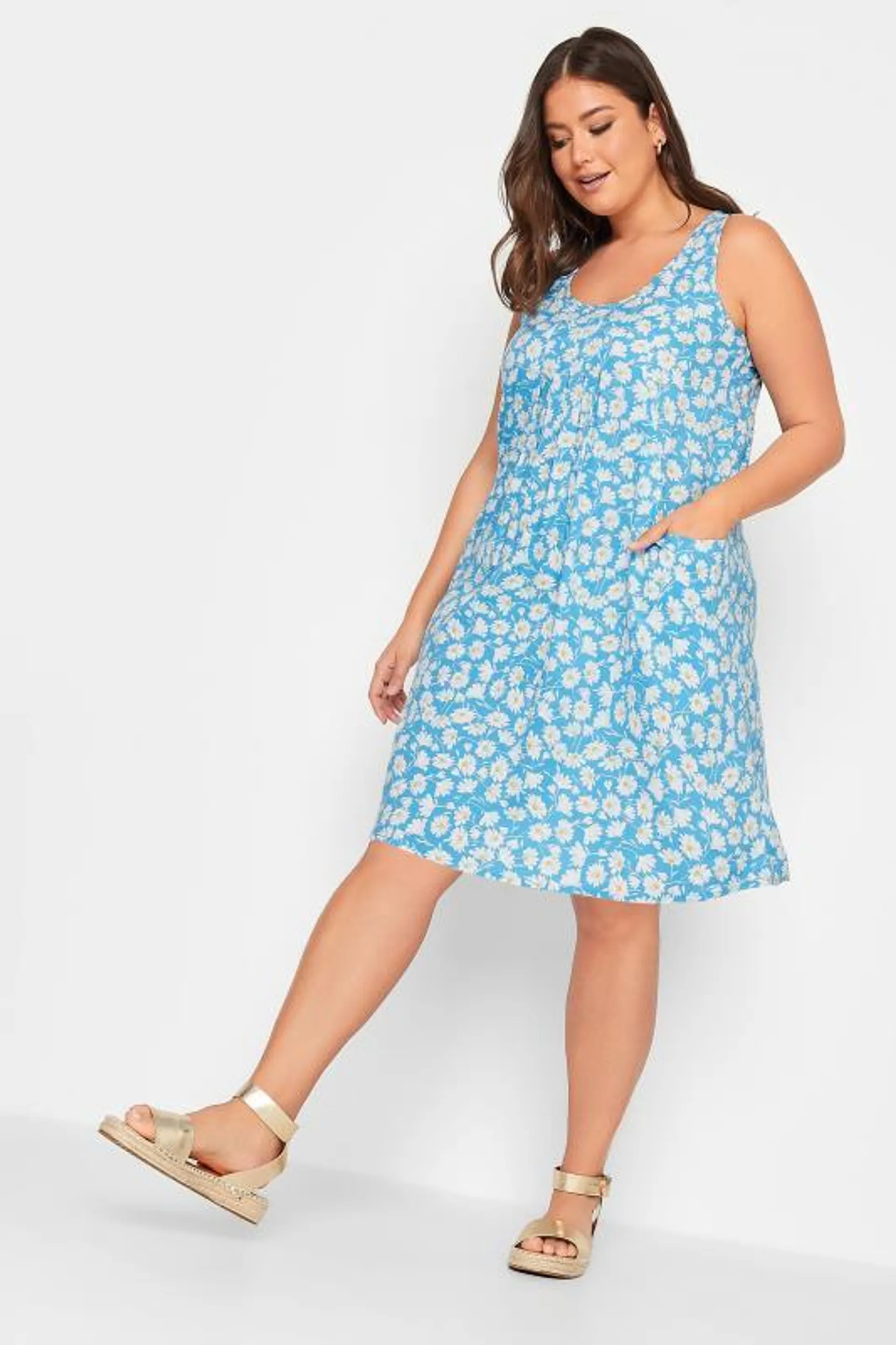 YOURS Curve Light Blue Daisy Print Pocket Smock Dress