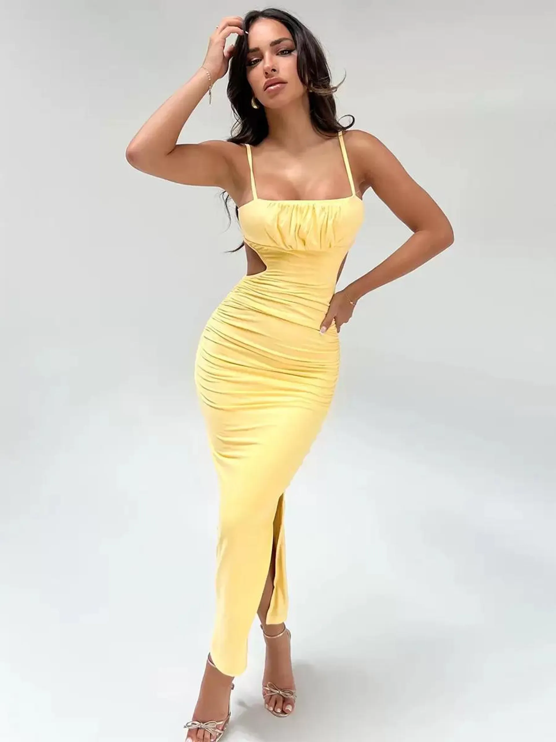 Bodycon Dresses Yellow Straps Neck Pleated Sexy Sleeveless Pencil Dress