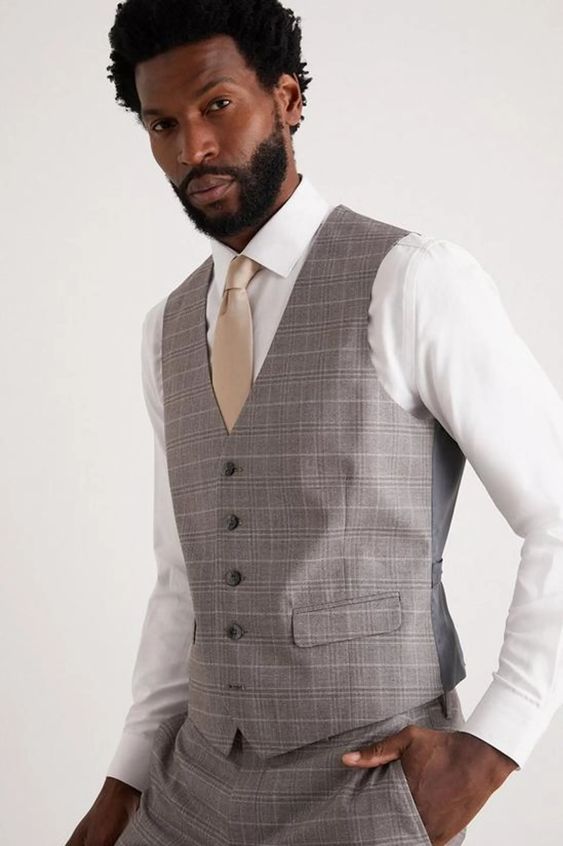 Skinny Fit Grey Fine Check Waistcoat