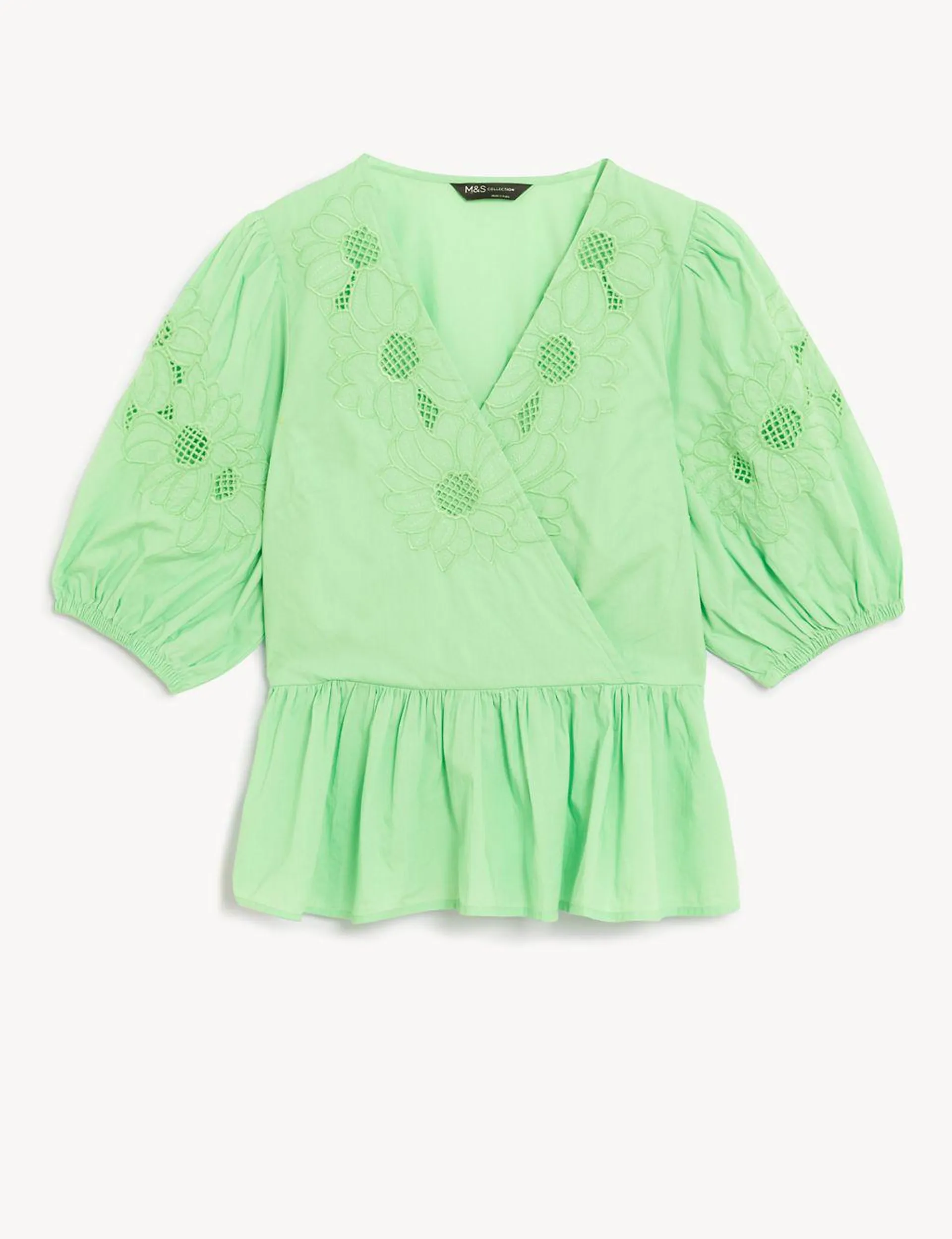Pure Cotton Embroidered Puff Sleeve Blouse