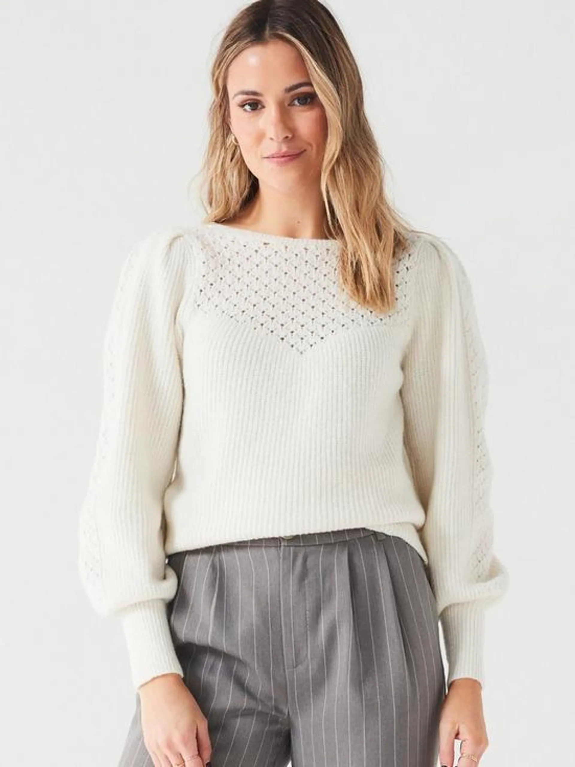 Pointelle Detail Crew Neck Jumper - Ivory