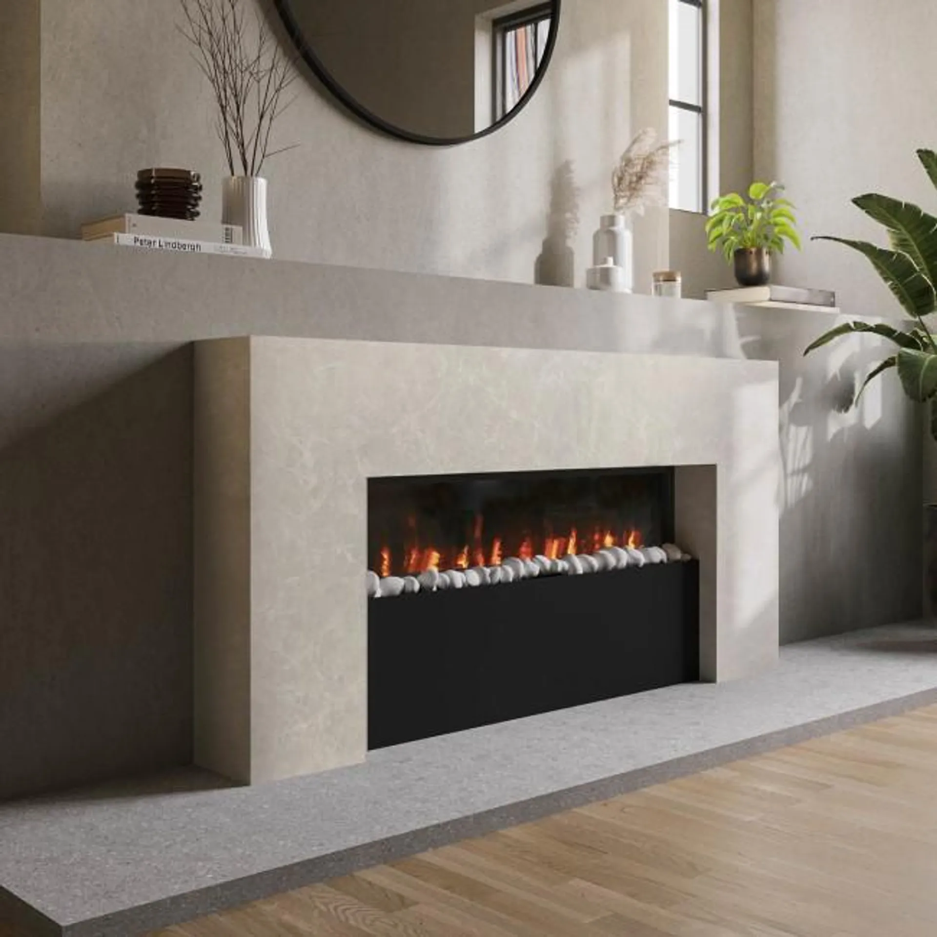 Stone Effect Freestanding Electric Fireplace with Pebbles and Raised Fuel Bed 62 inch - Amberglo